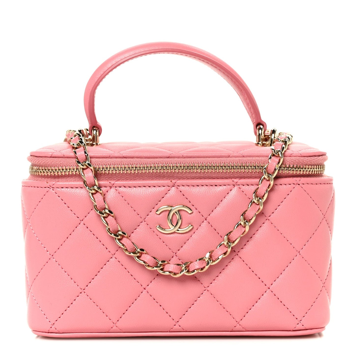 Lambskin Quilted Small Top Handle Vanity Case With Chain Pink