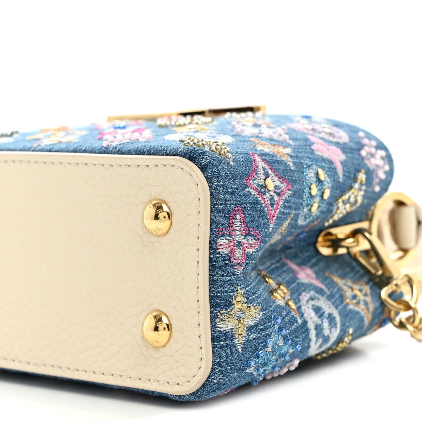 Denim Lurex Beaded Calfskin Capucines Mini Blue Cream