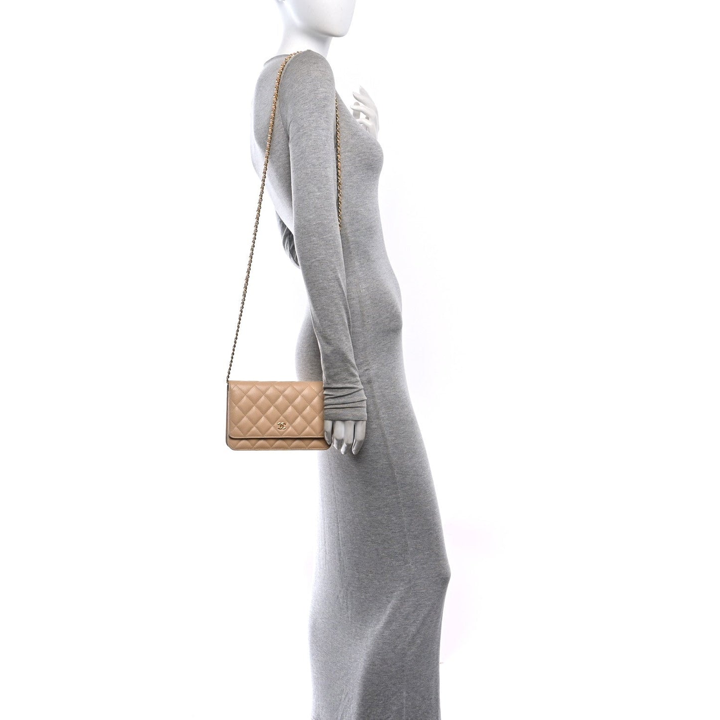 Caviar Quilted Wallet on Chain WOC Beige