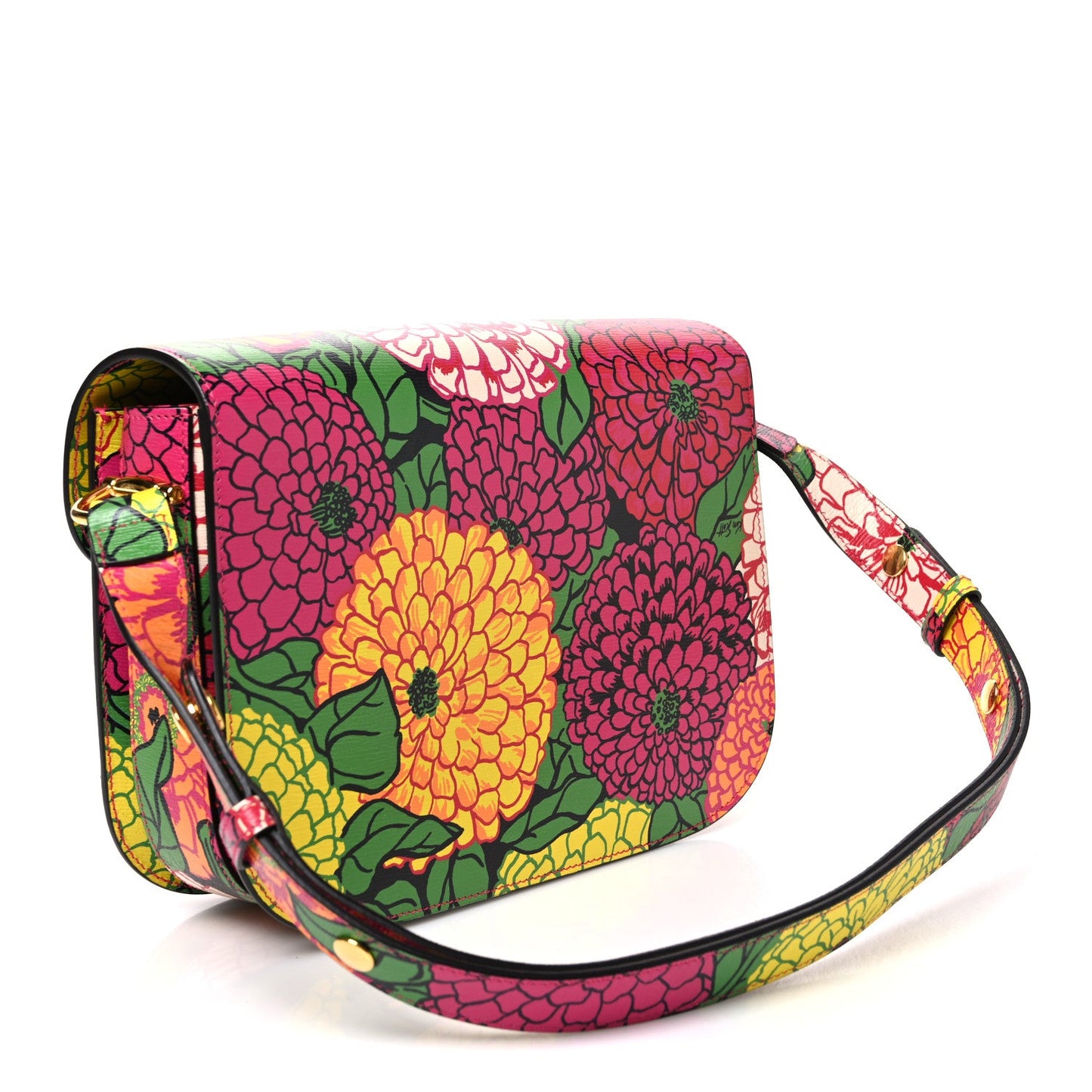X KEN SCOTT New Shangai Calfskin Pomponica Print Horsebit 1955 Shoulder Bag Multicolor Fuxia Pompon