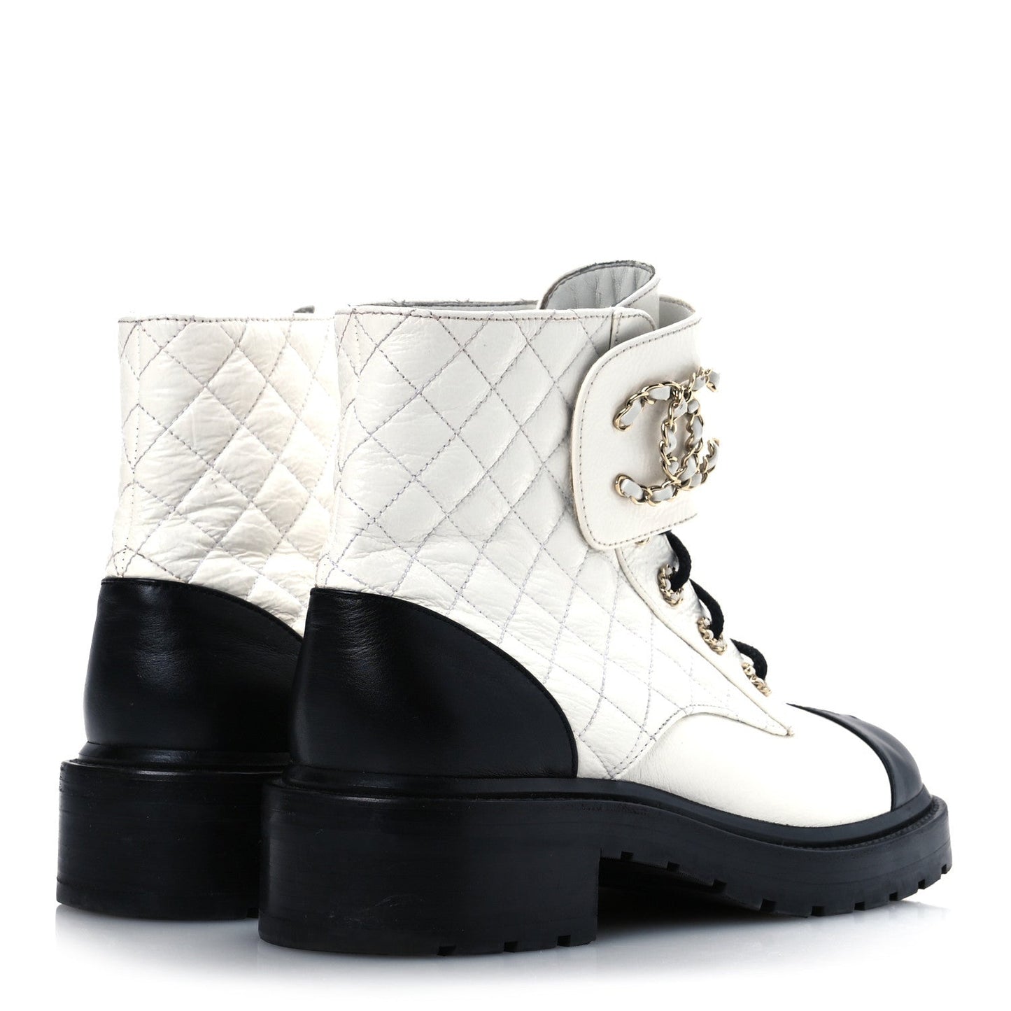 Shiny Goatskin Calfskin Quilted Lace Up Combat Boots 41.5 White Black