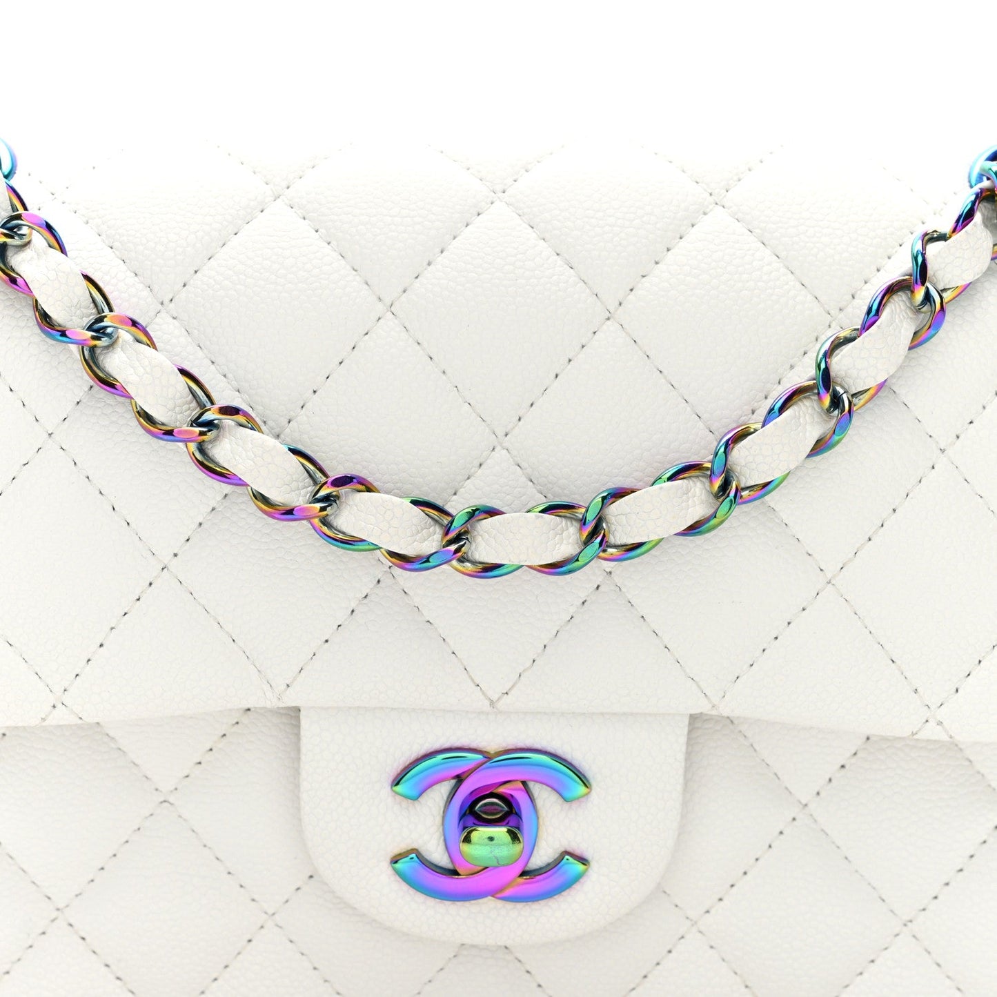 Caviar Quilted Rainbow CC Small Double Flap White