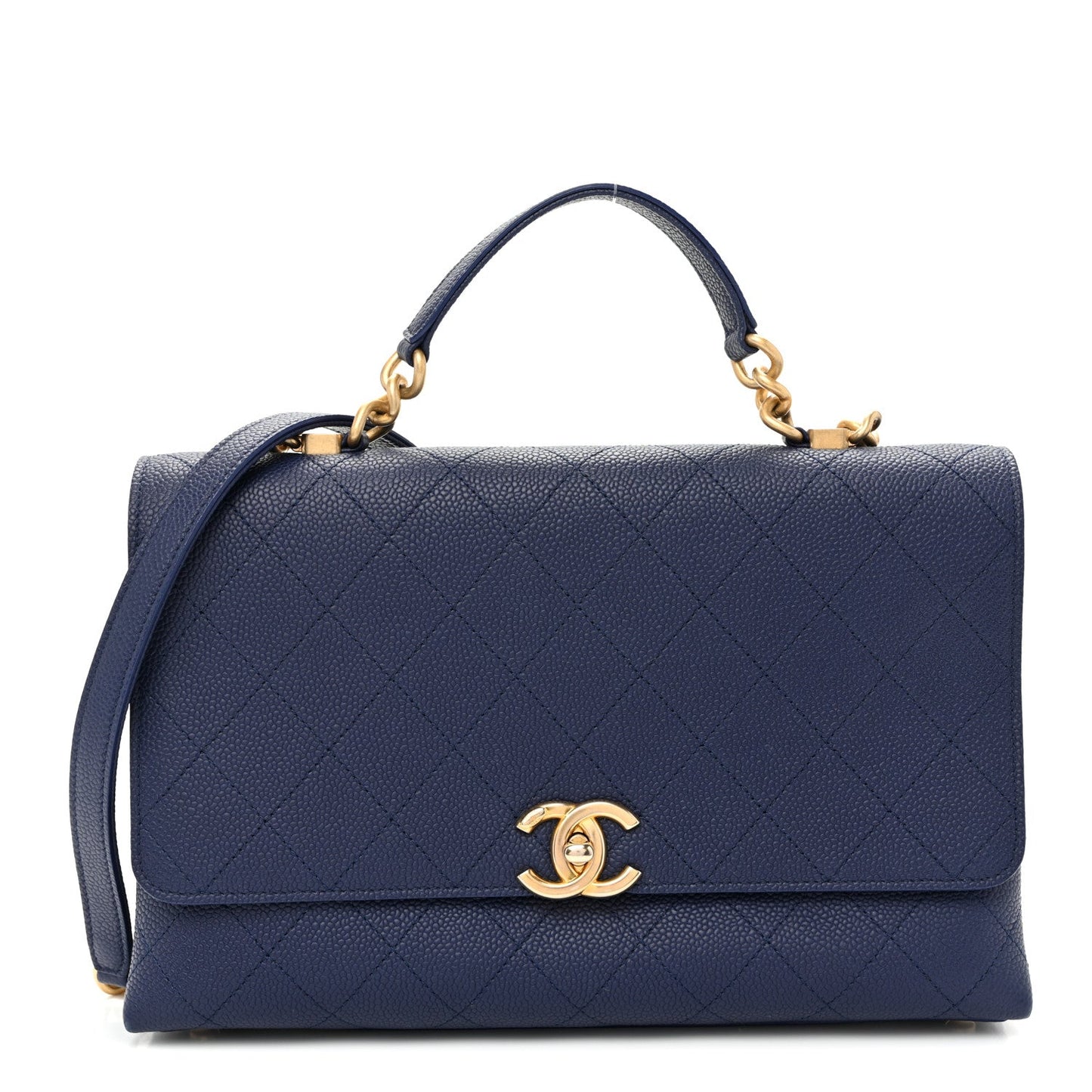 Caviar Diamond Stitched Top Handle Flap Navy