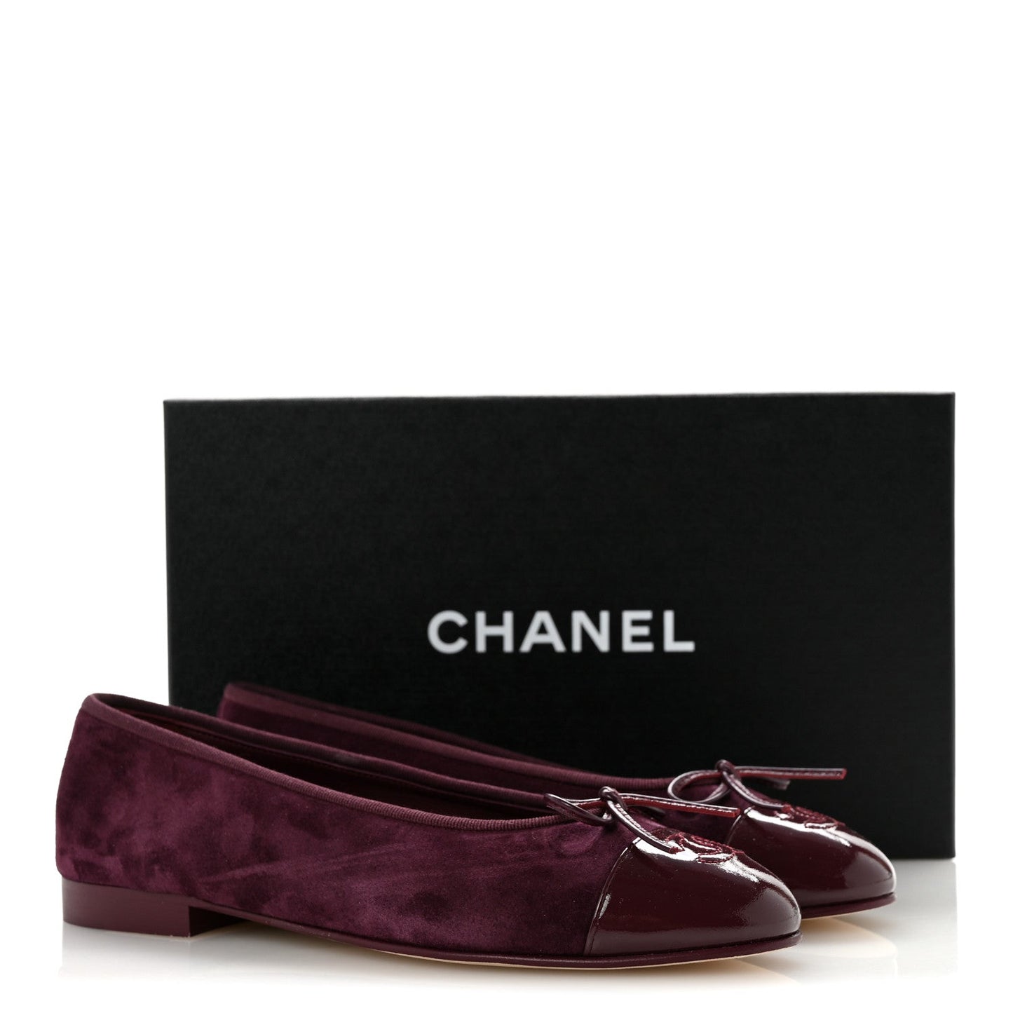 Suede Patent Calfskin Cap Toe CC Ballerina Flats 38.5 Burgundy
