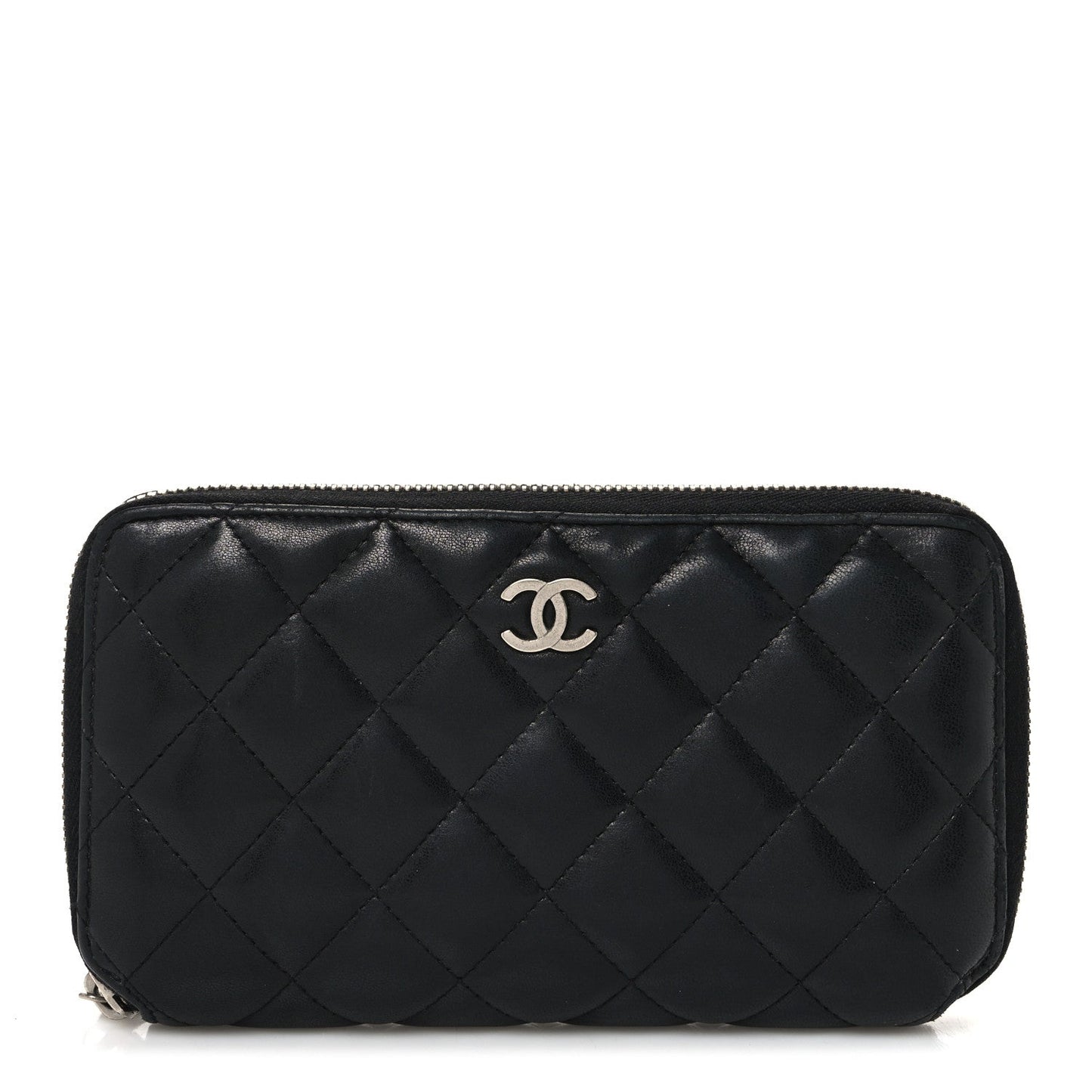 Lambskin Quilted Large Gusset Zip Around Wallet Black