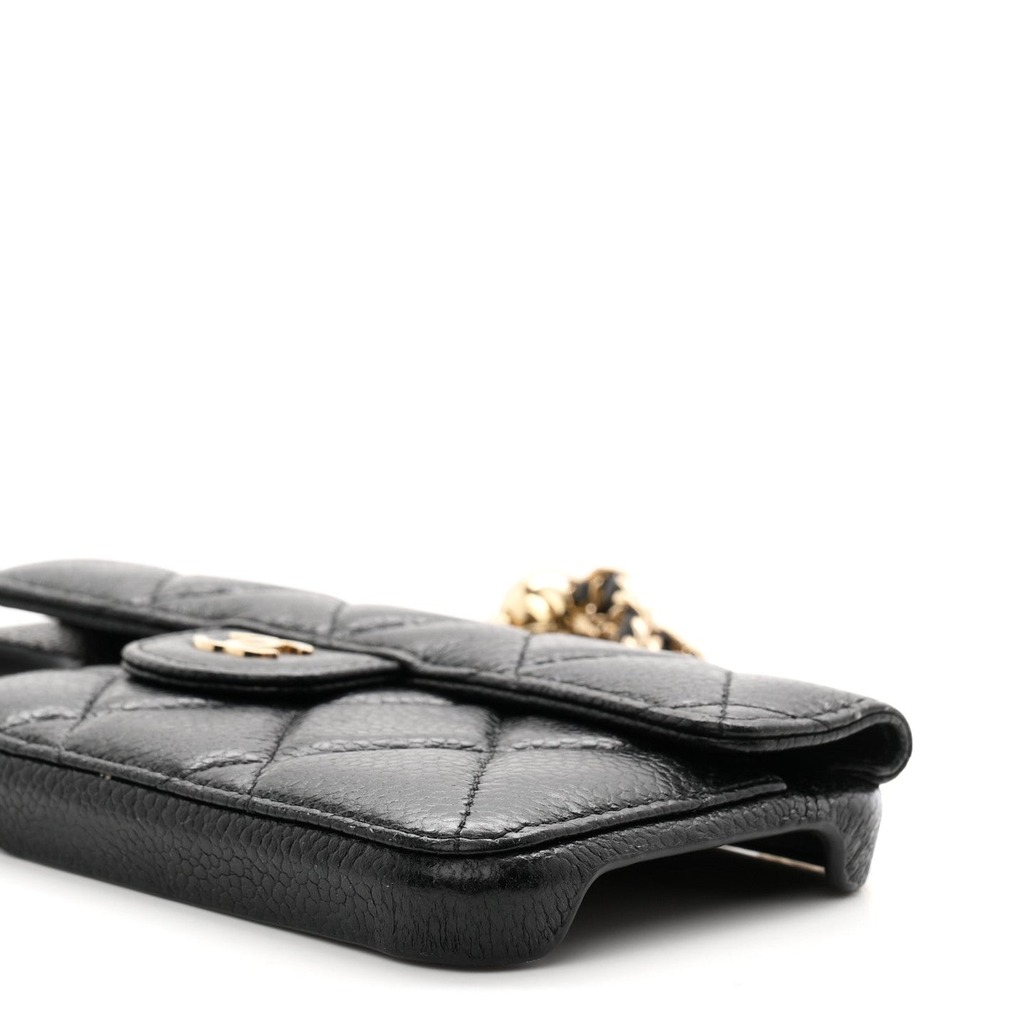 Caviar Quilted Pearl Crush iPhone 15 Pro Max Holder With Chain Black