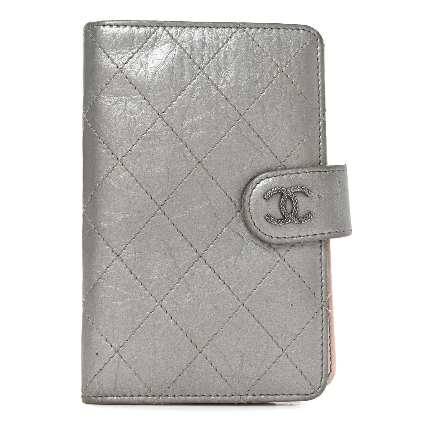 Metallic Aged Calfskin Quilted Palette Flap Wallet Silver
