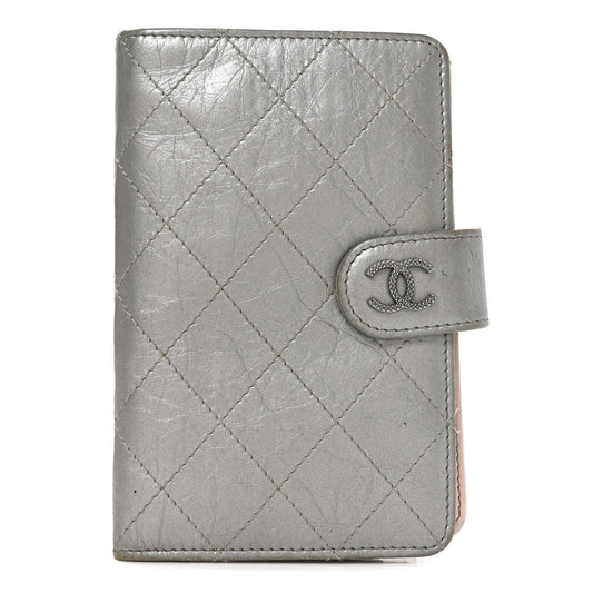 Metallic Aged Calfskin Quilted Palette Flap Wallet Silver