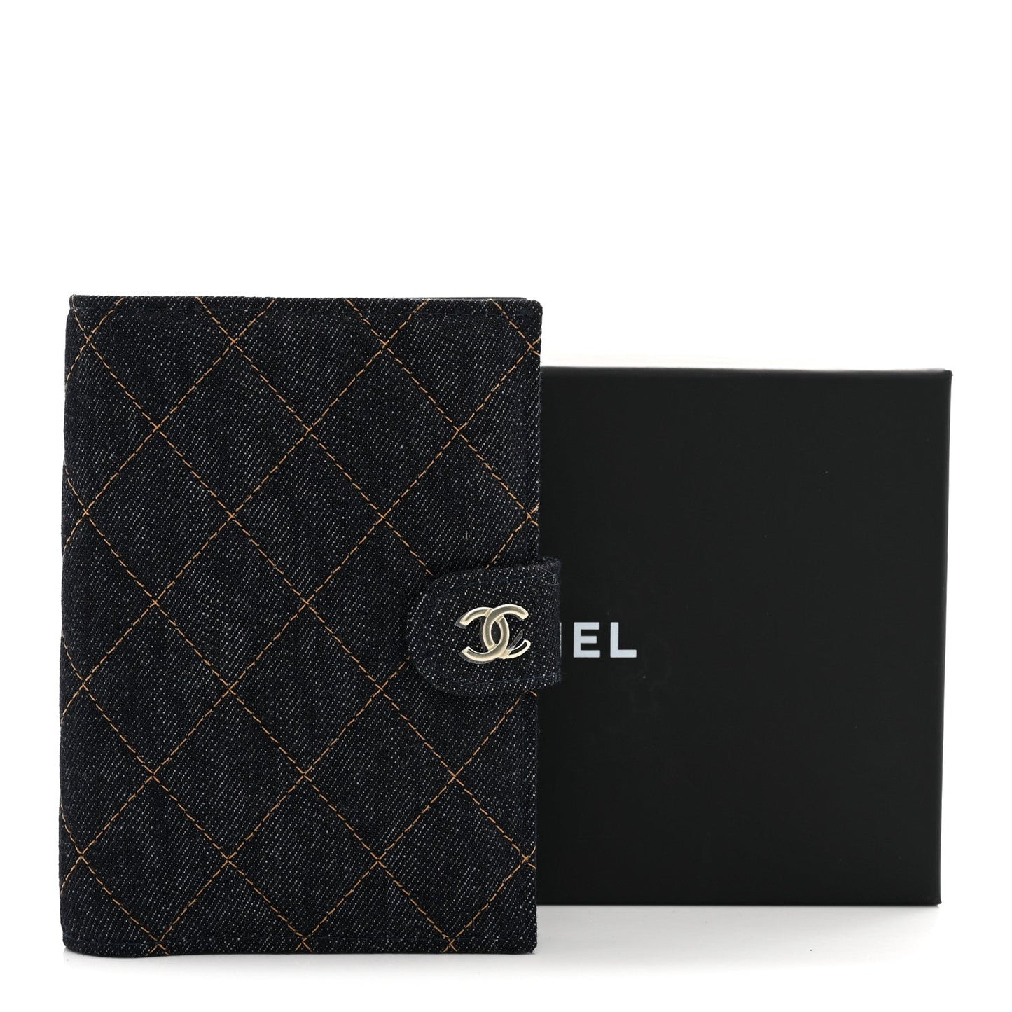 Denim Quilted Passport Holder Dark Blue Orange