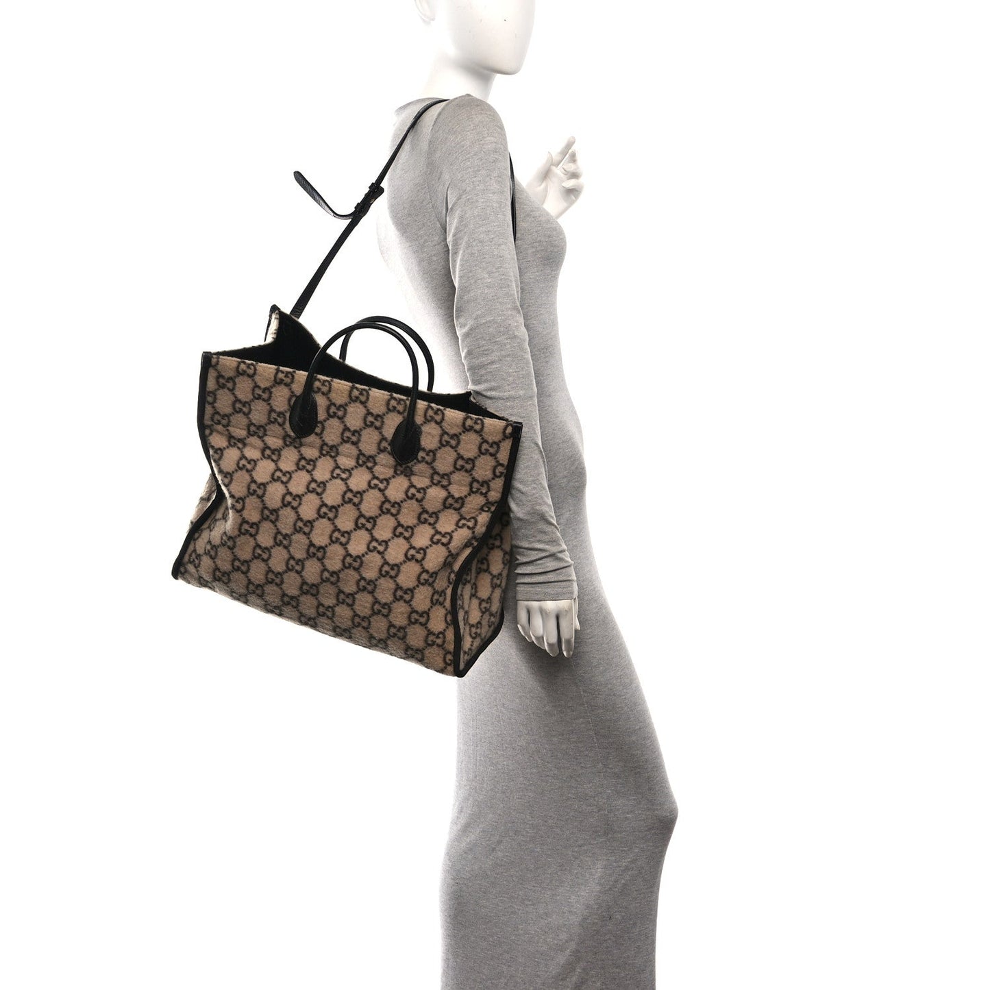 Covered Wool GG Monogram Large Tote Bag Beige Ebony