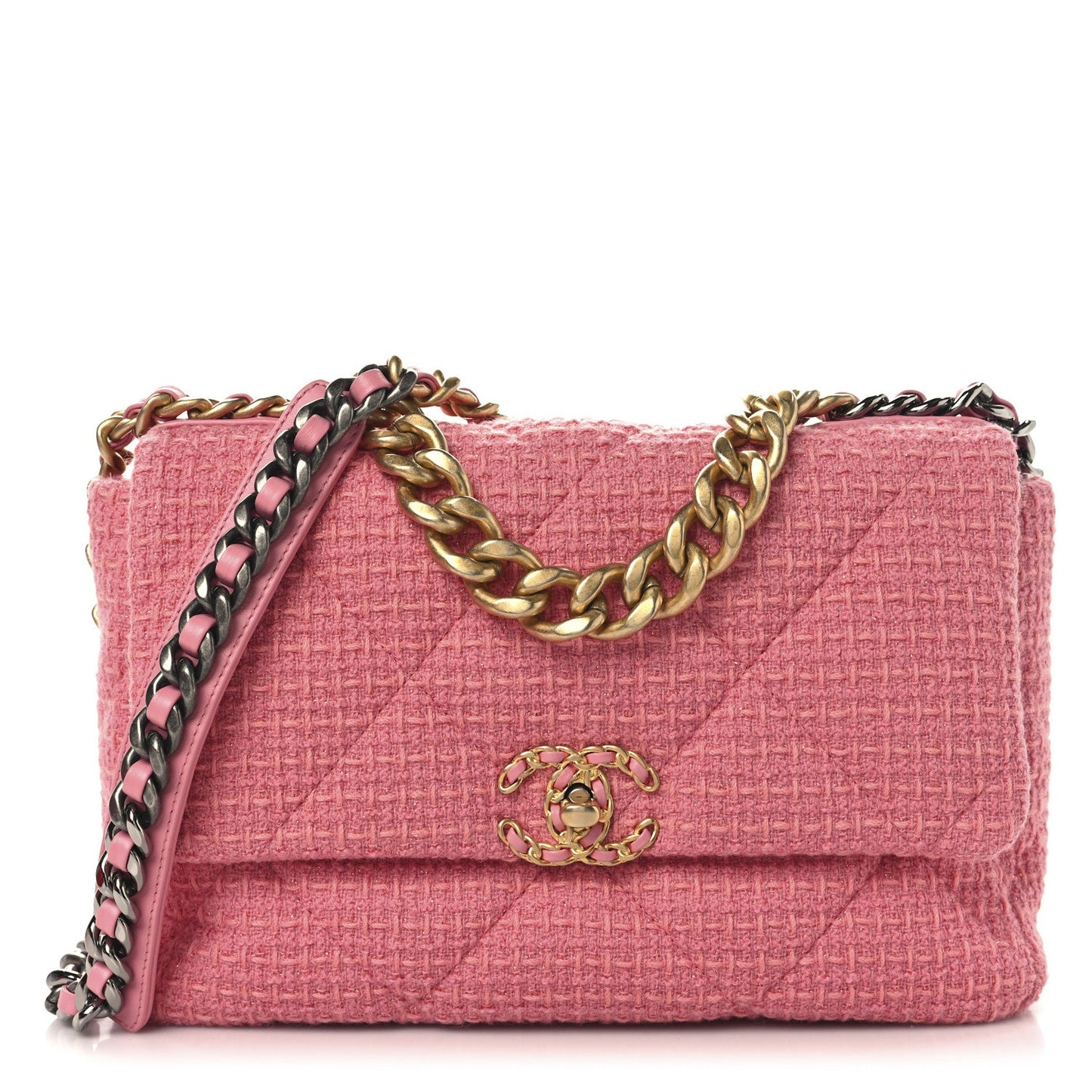 Metallic Tweed Quilted Large Chanel 19 Flap Pink