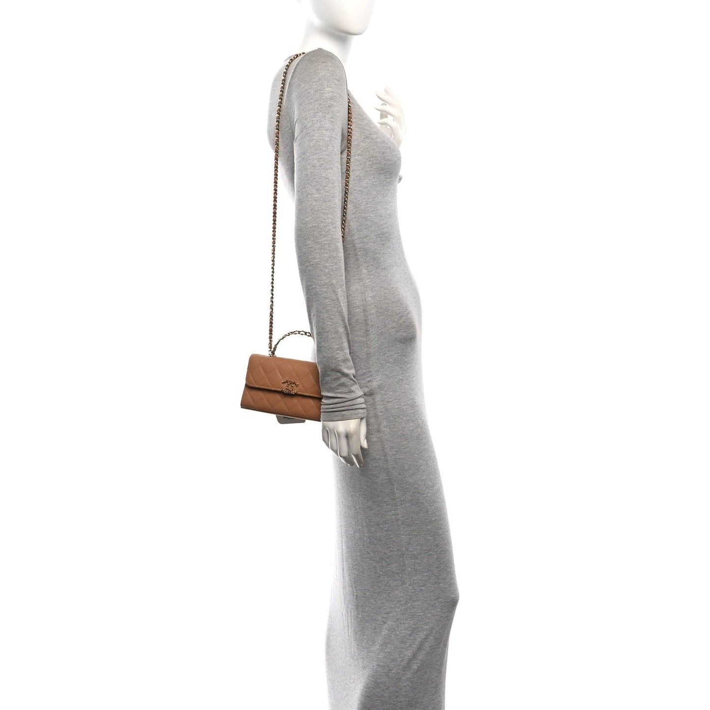 Caviar Quilted Chain Match Top Handle Phone Holder With Chain Beige