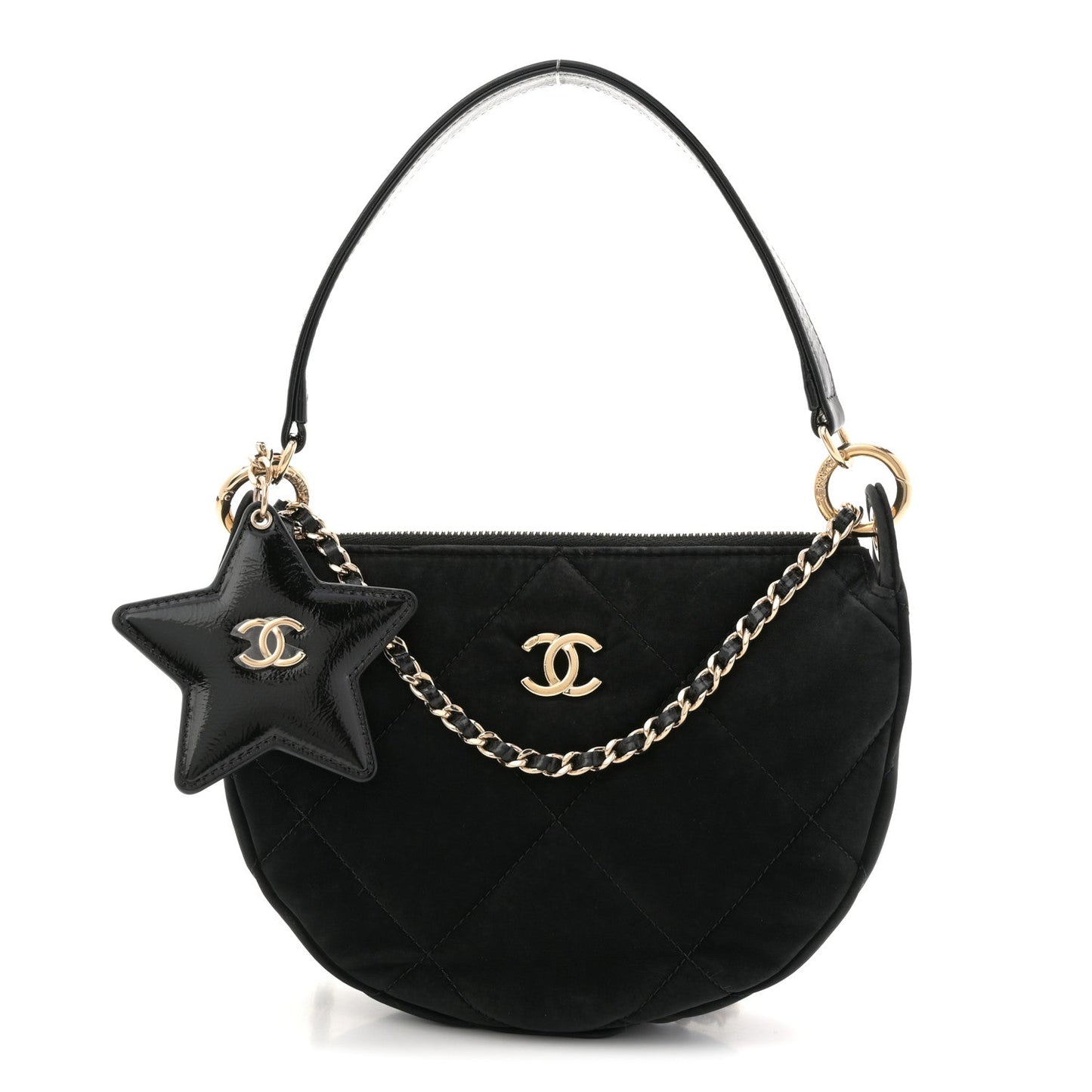 Velvet Effect Nylon Shiny Crumpled Calfskin Coco Neige Quilted Clutch With Chain Black