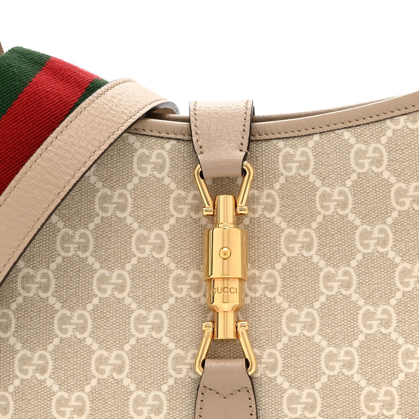 GG Supreme Monogram Textured Dollar Calfskin Web Small Jackie 1961 Hobo Beige Mystic White Oatmeal
