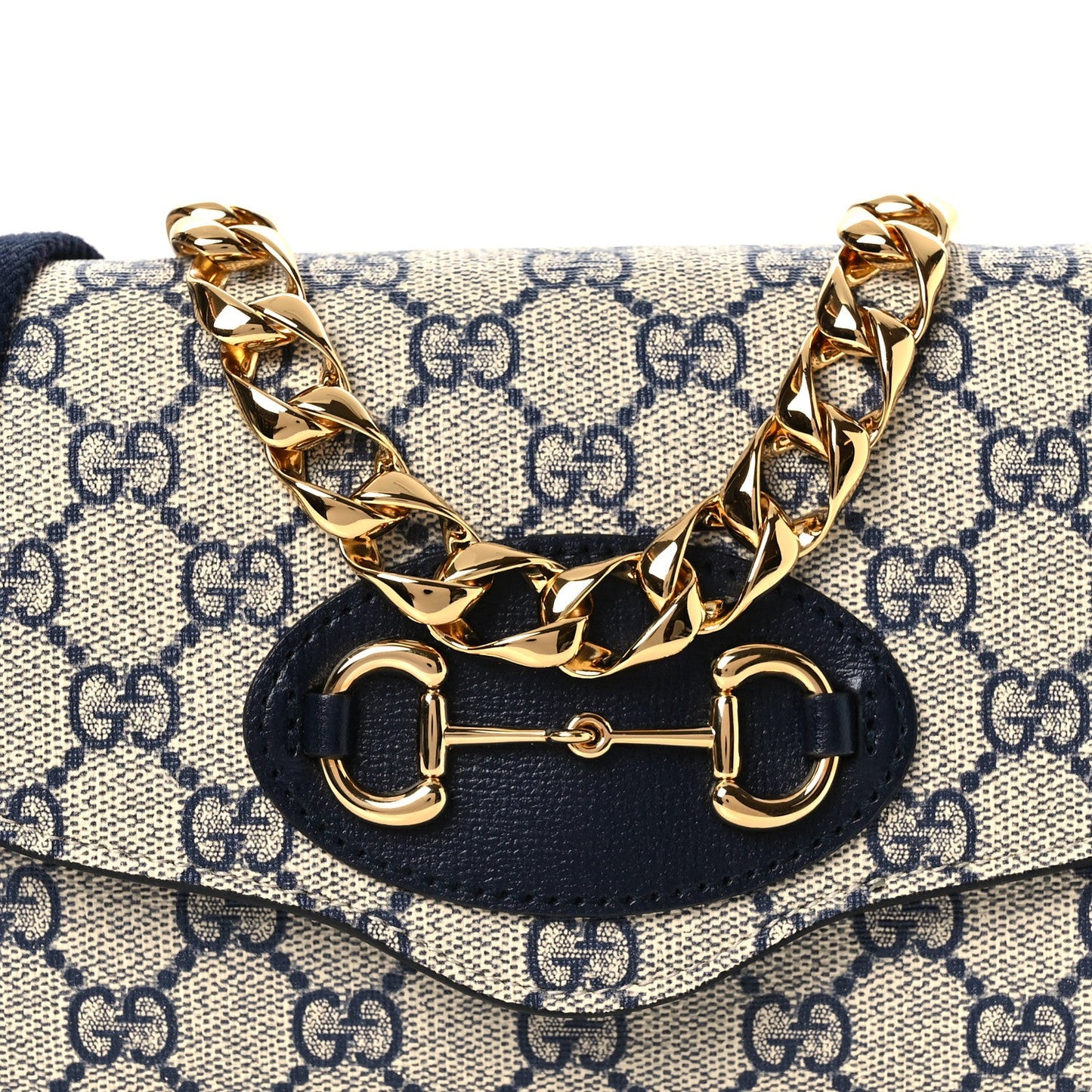 GG Supreme Monogram Azalea Calfskin Web Mini Horsebit 1955 Chain Shoulder Bag Beige Blue
