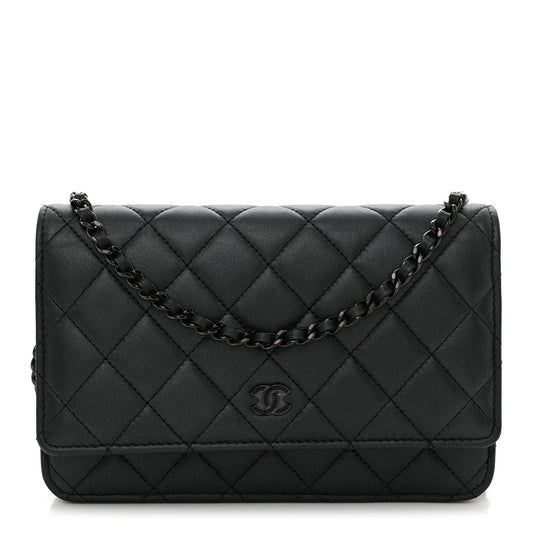 Pearly Lambskin Quilted Wallet On Chain WOC So Black