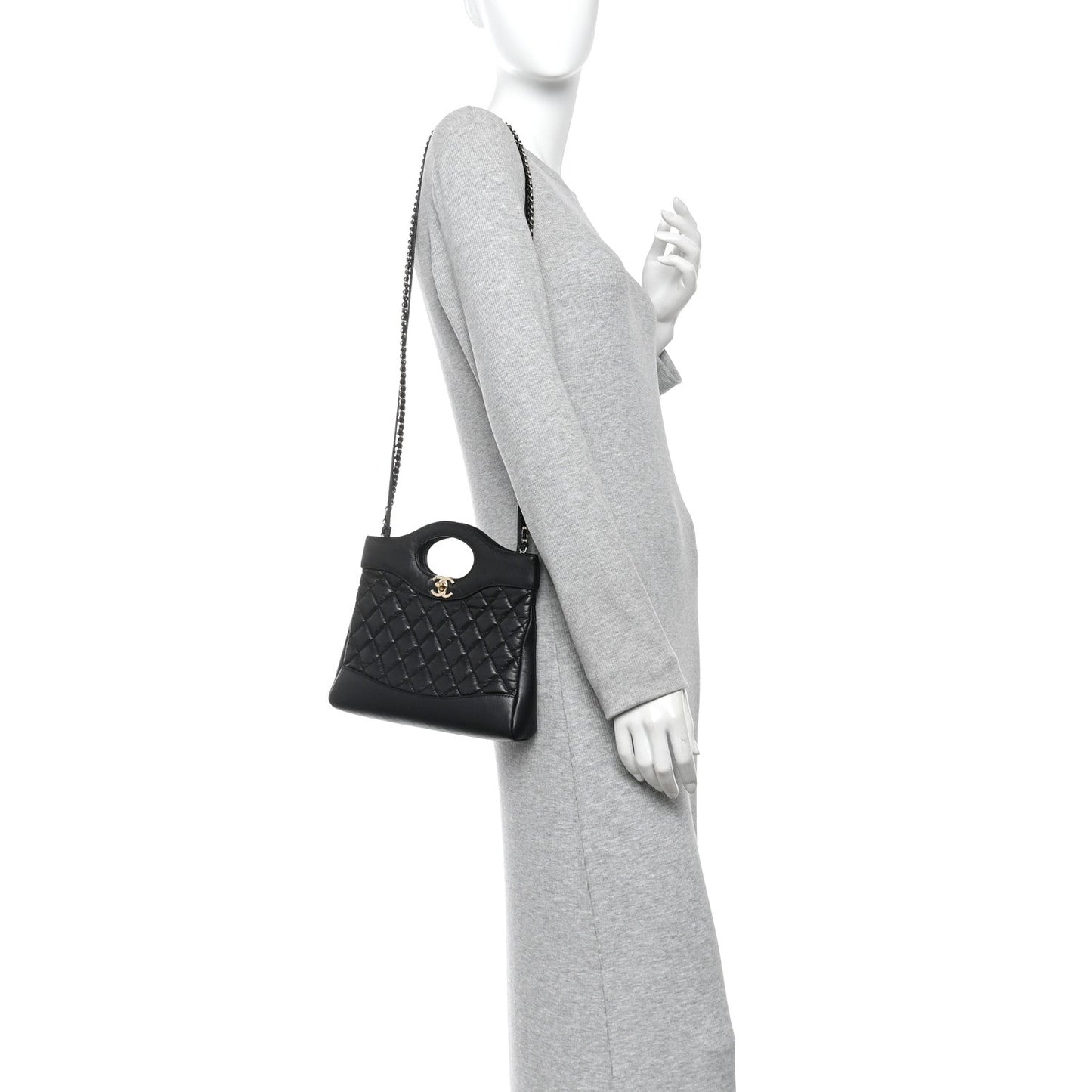 Shiny Crumpled Calfskin Quilted Mini 31 Shopping Bag Black