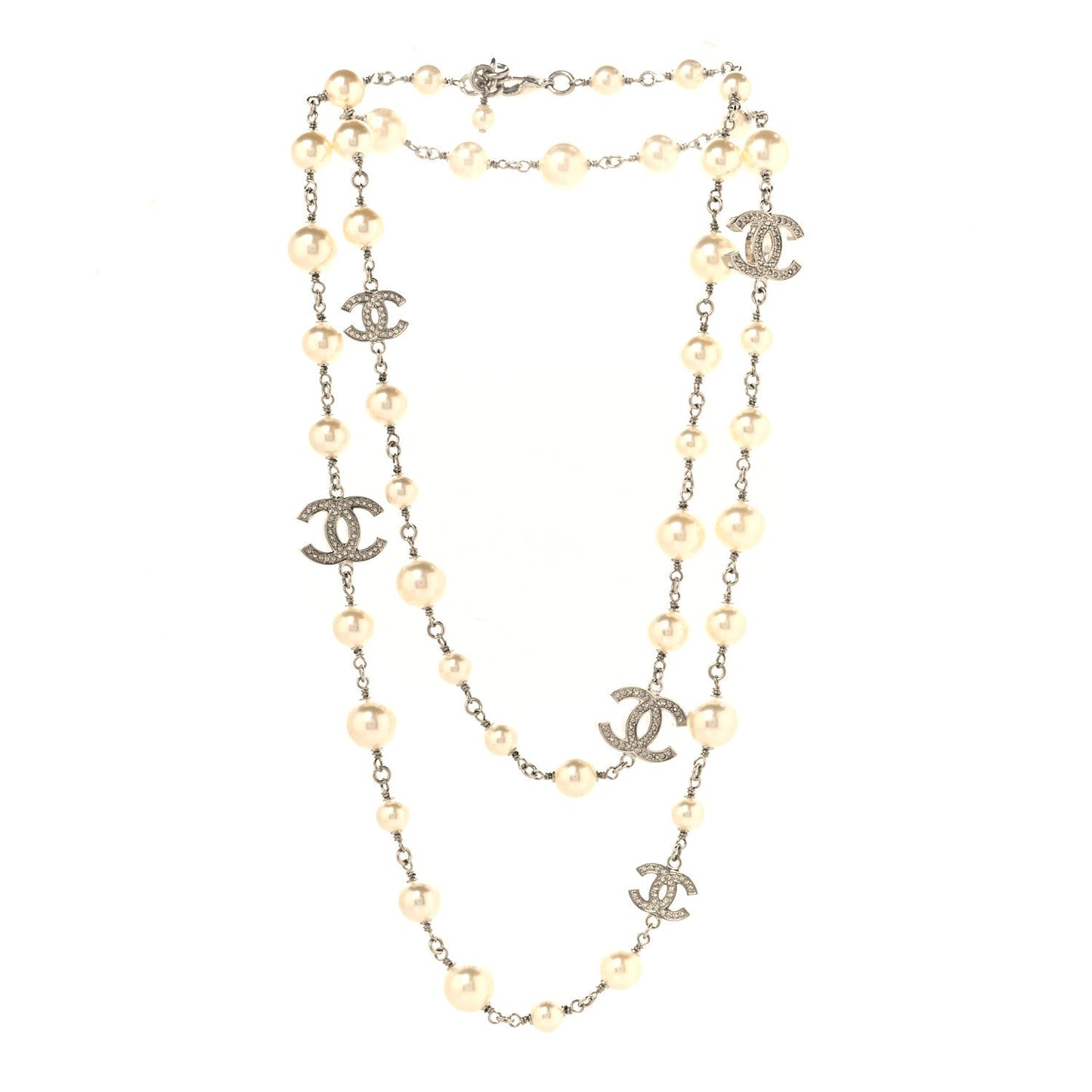 Graduated Pearl Crystal CC Long Necklace Silver