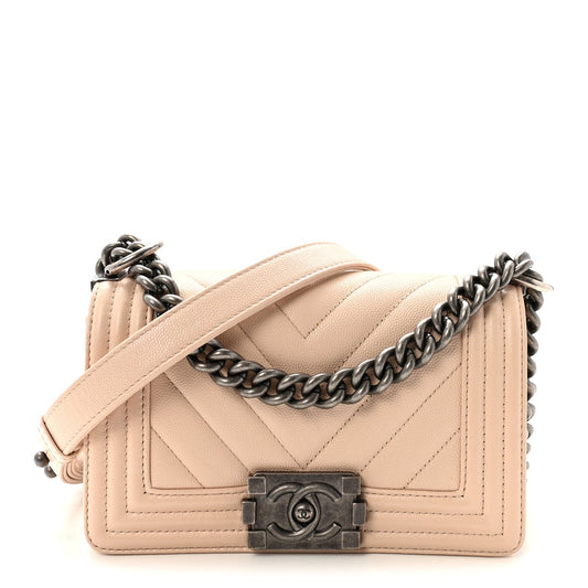 Caviar Chevron Quilted Small Boy Flap Light Beige