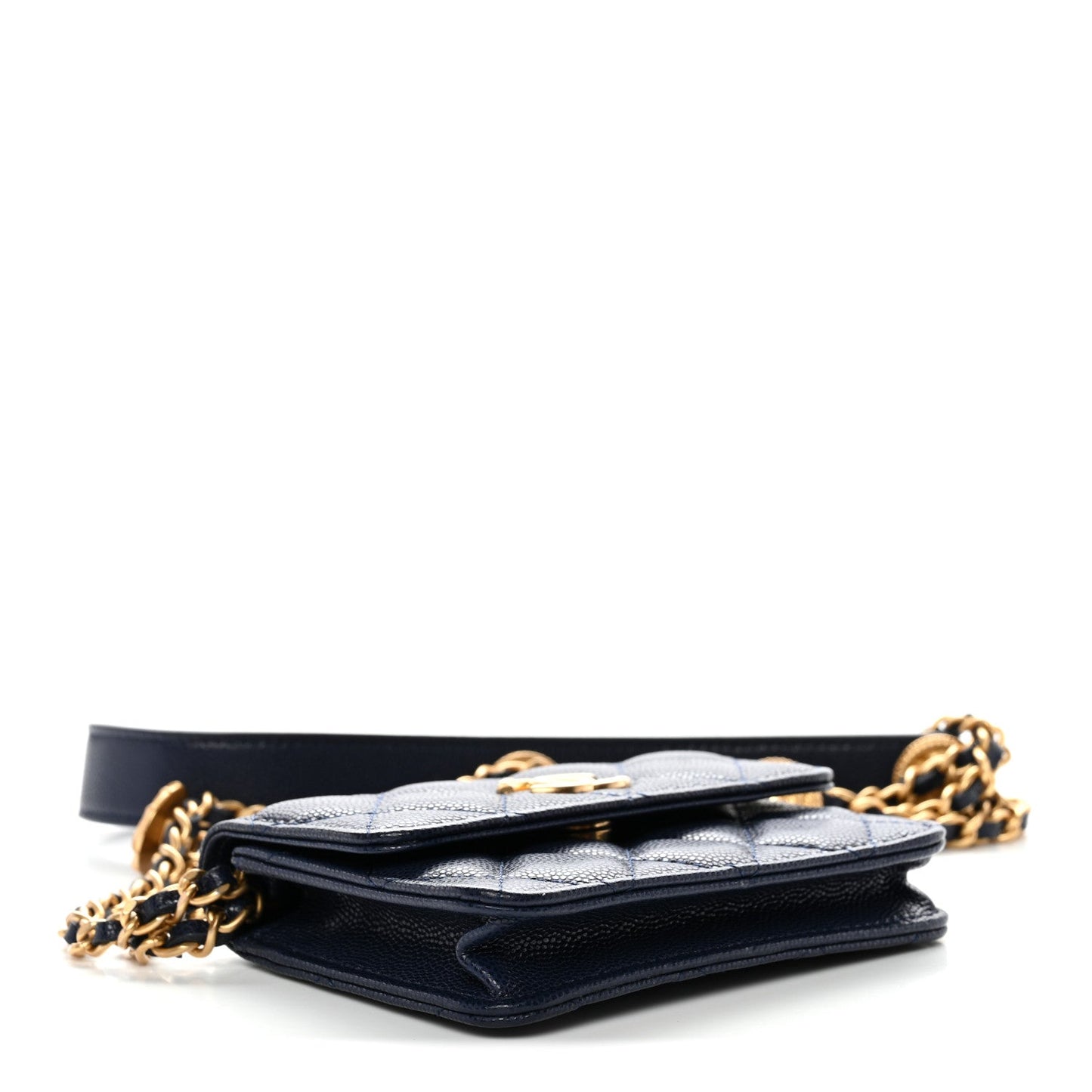 Caviar Quilted Twist Your Buttons Coin Purse With Chain Navy