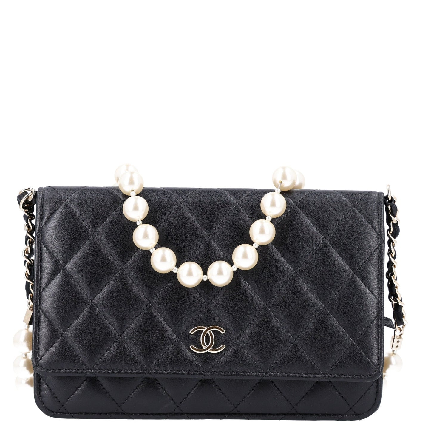 Lambskin Quilted Pearl Wallet On Chain WOC Black
