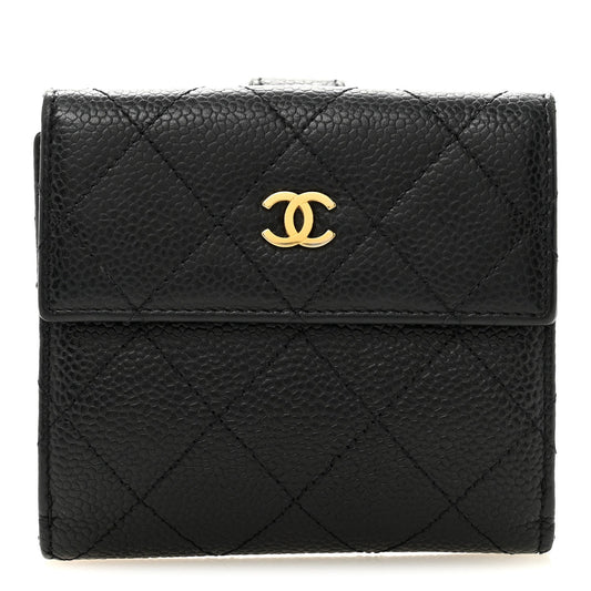 Caviar Quilted Compact French Flap Wallet Black