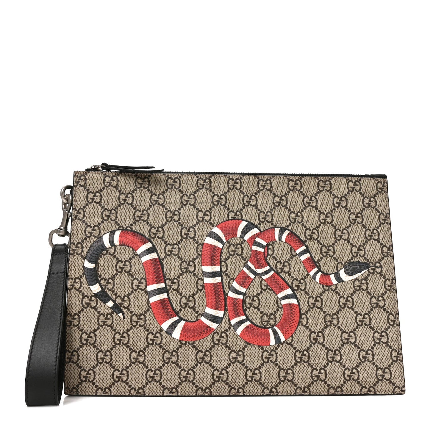GG Supreme Monogram Kingsnake Zip Wristlet Pouch Beige Black