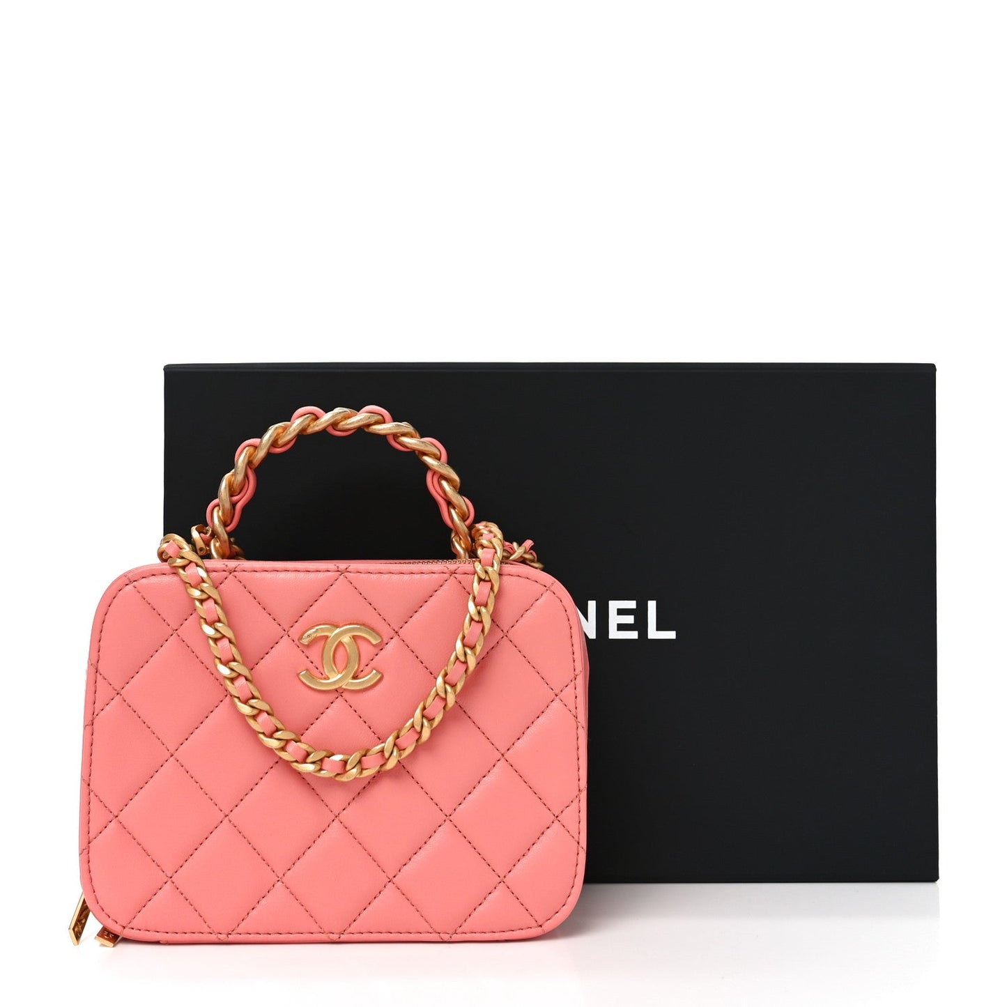 Lambskin Quilted Top Handle Small Vanity Case Pink