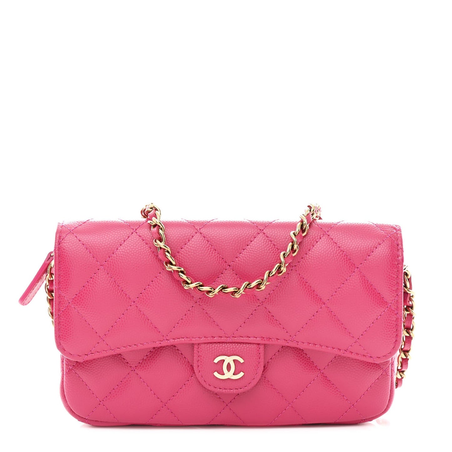 Caviar Quilted Flap Phone Holder With Chain Pink