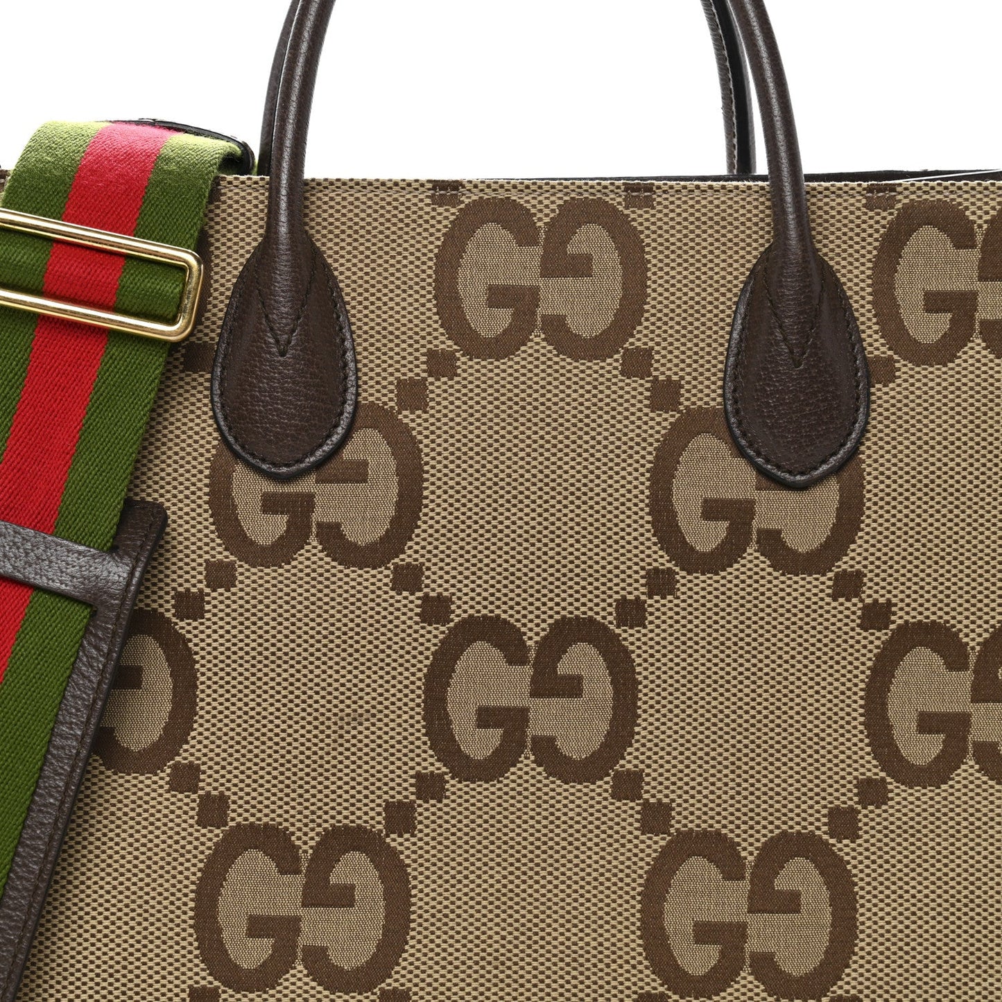 Monogram Jumbo GG Textured Dollar Calfskin Web Small Tote Bag Camel Ebony New Acero