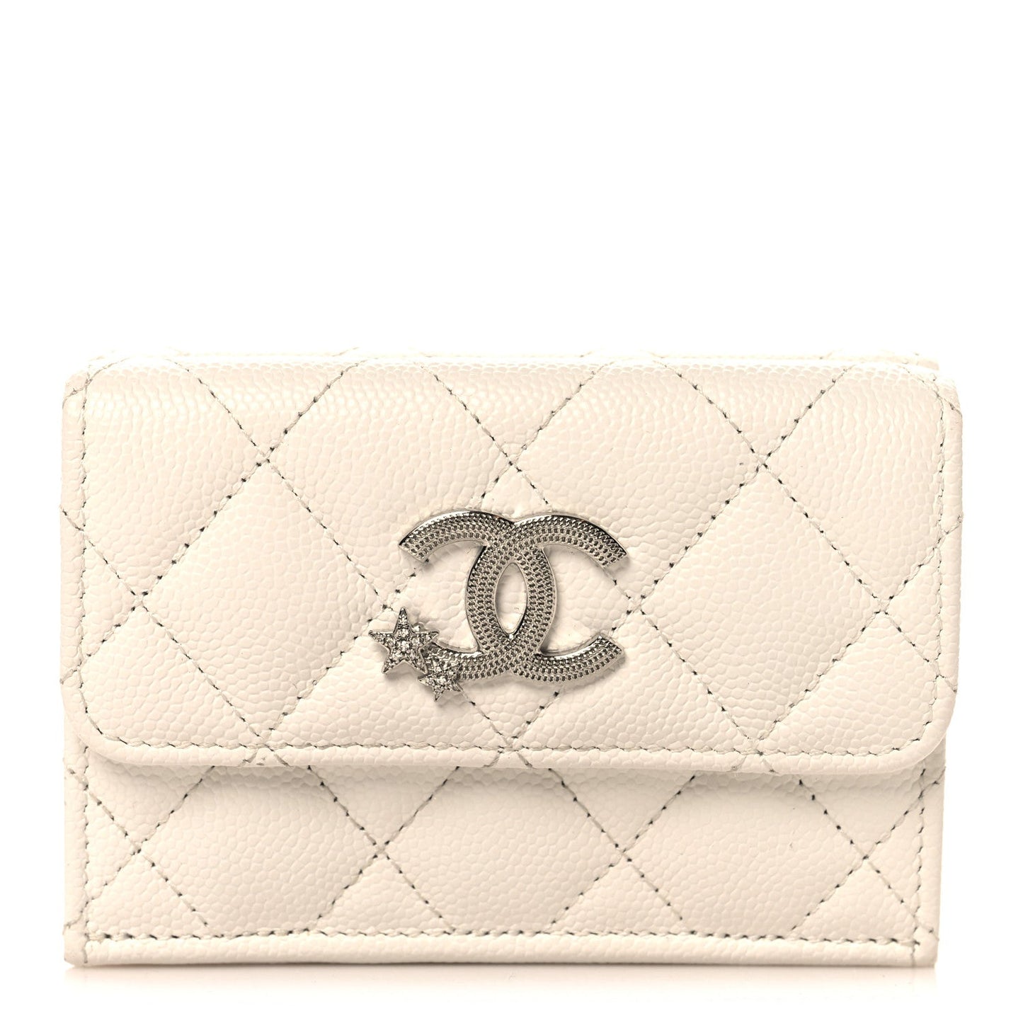 Caviar Quilted Crystal Star  Small Tri-Fold Flap Wallet White