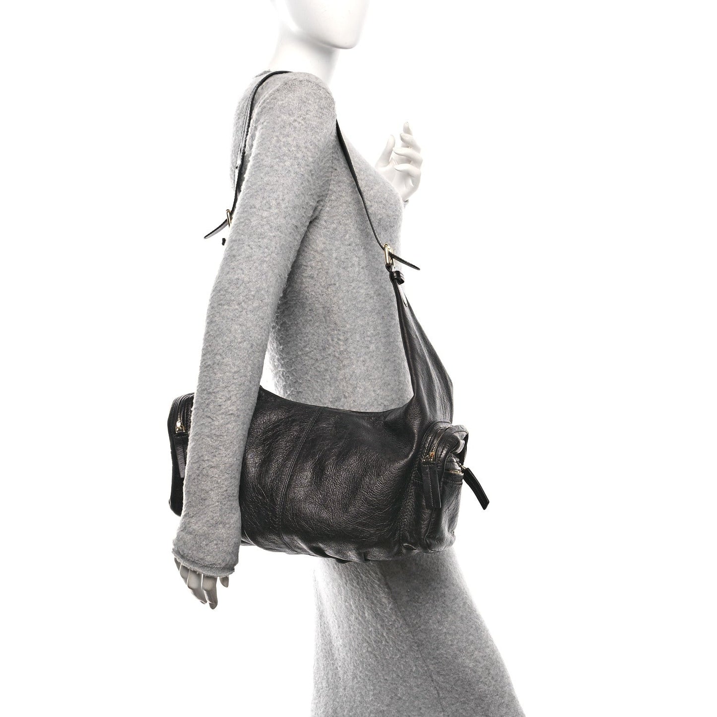 Crinkled Calfskin Large Grand Tour Multipocket Bag Black