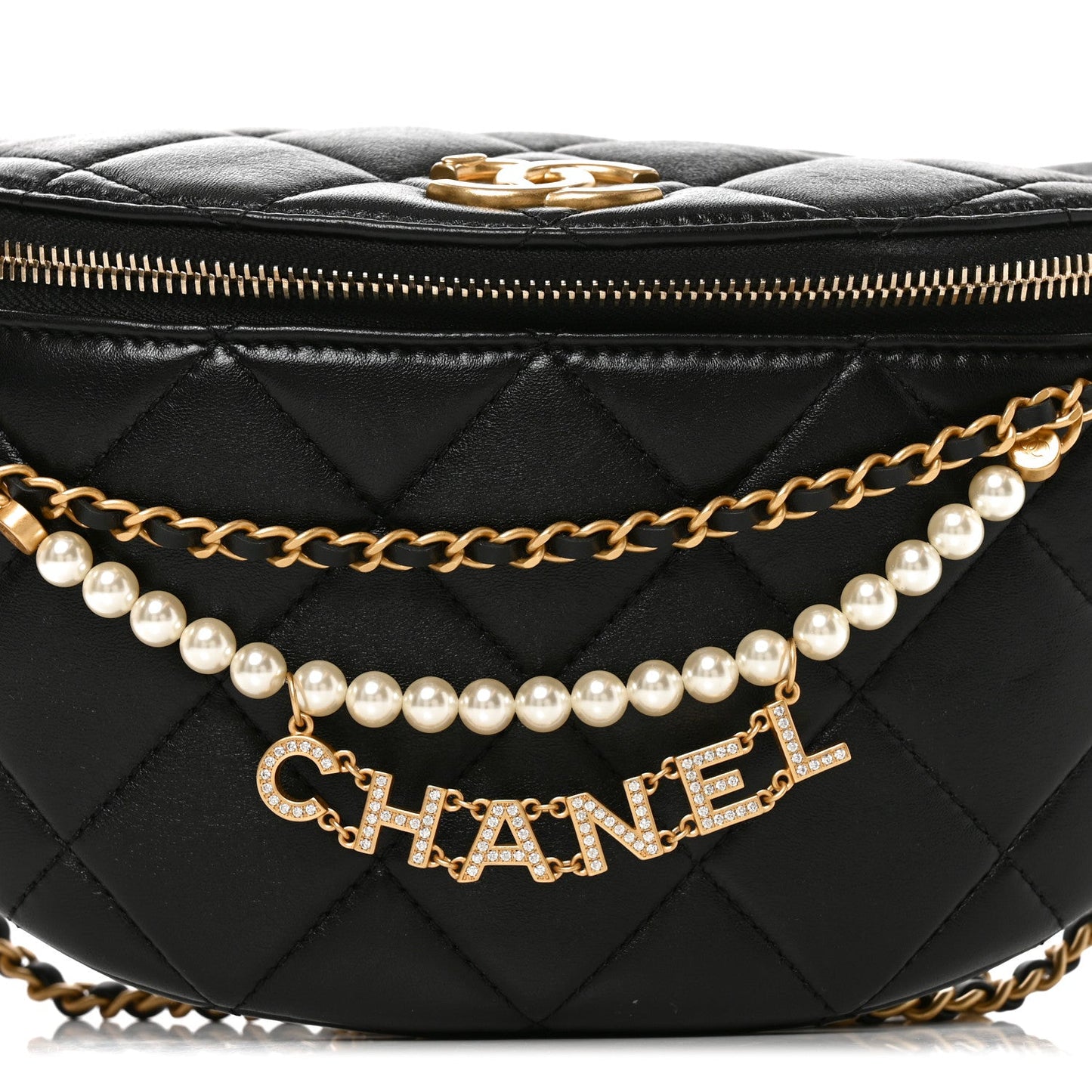 Shiny Lambskin Quilted Pearl Logo Waist Bag Black