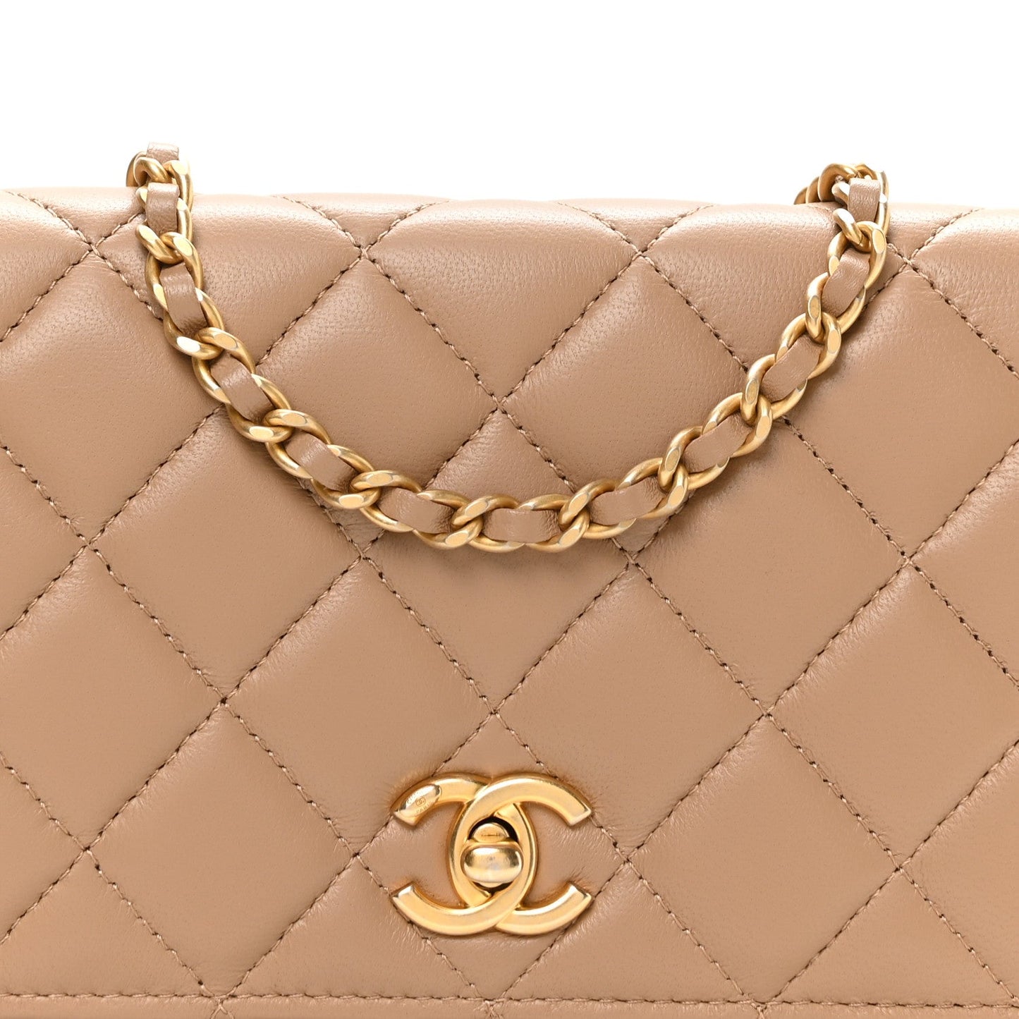 Lambskin Quilted CC Pearl Crush Wallet on Chain WOC Beige
