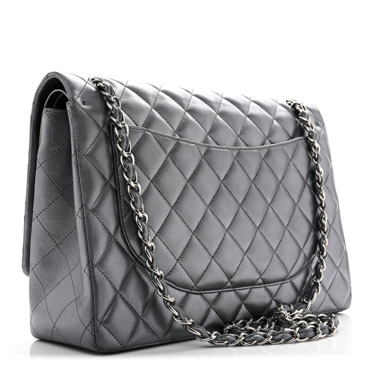 Metallic Lambskin Quilted Maxi Double Flap Pewter