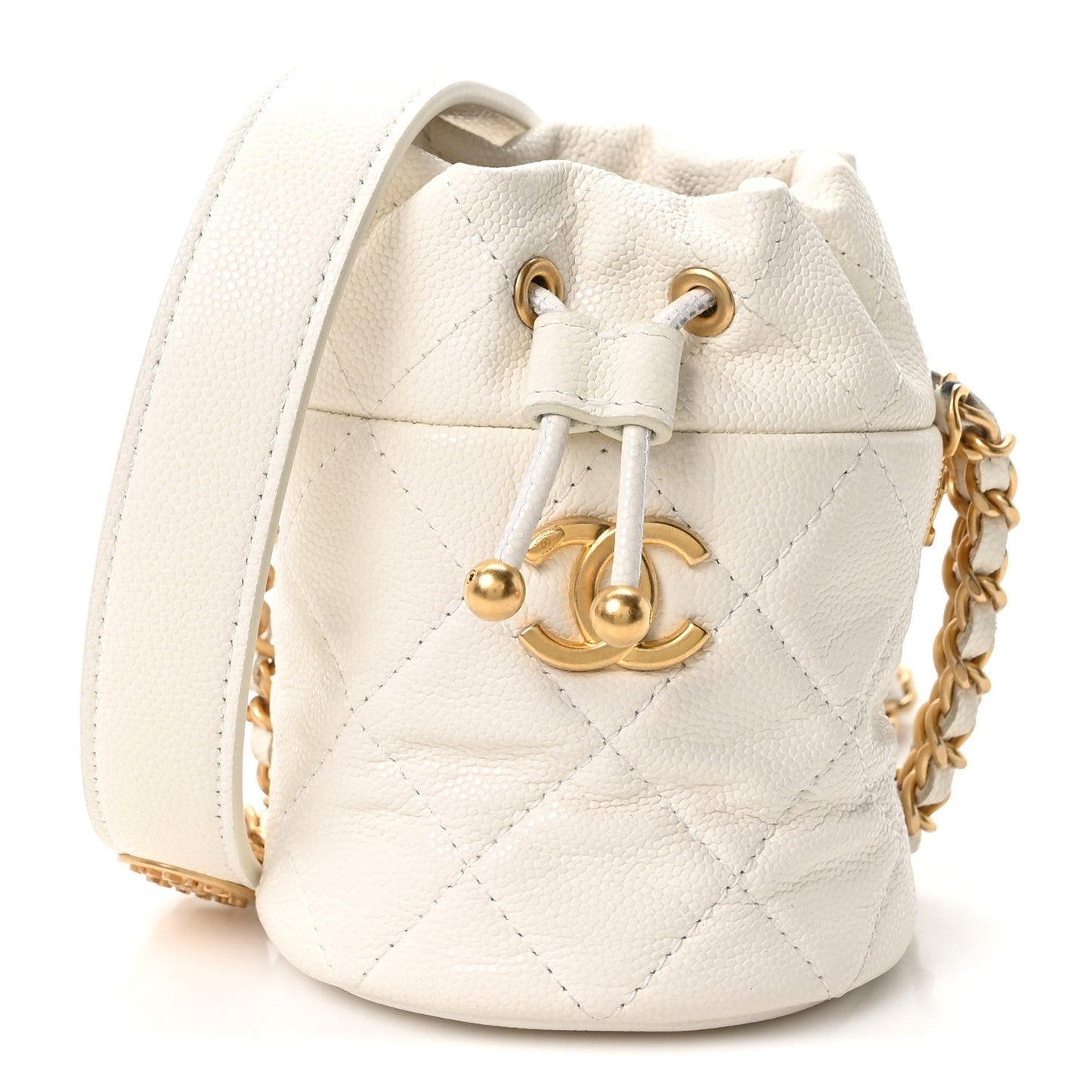 Caviar Quilted Twist Your Buttons Mini Bucket Bag White