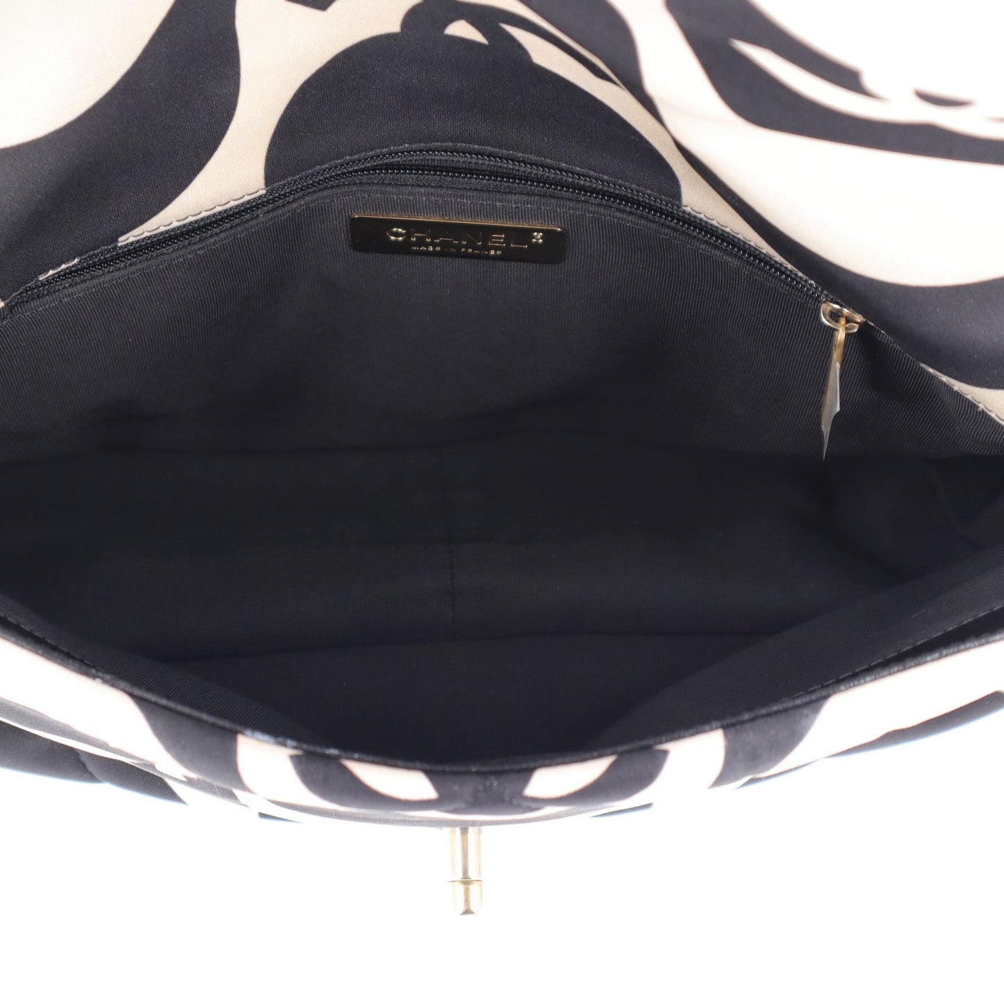 Fabric Printed Large Chanel 19 Flap Black Ecru