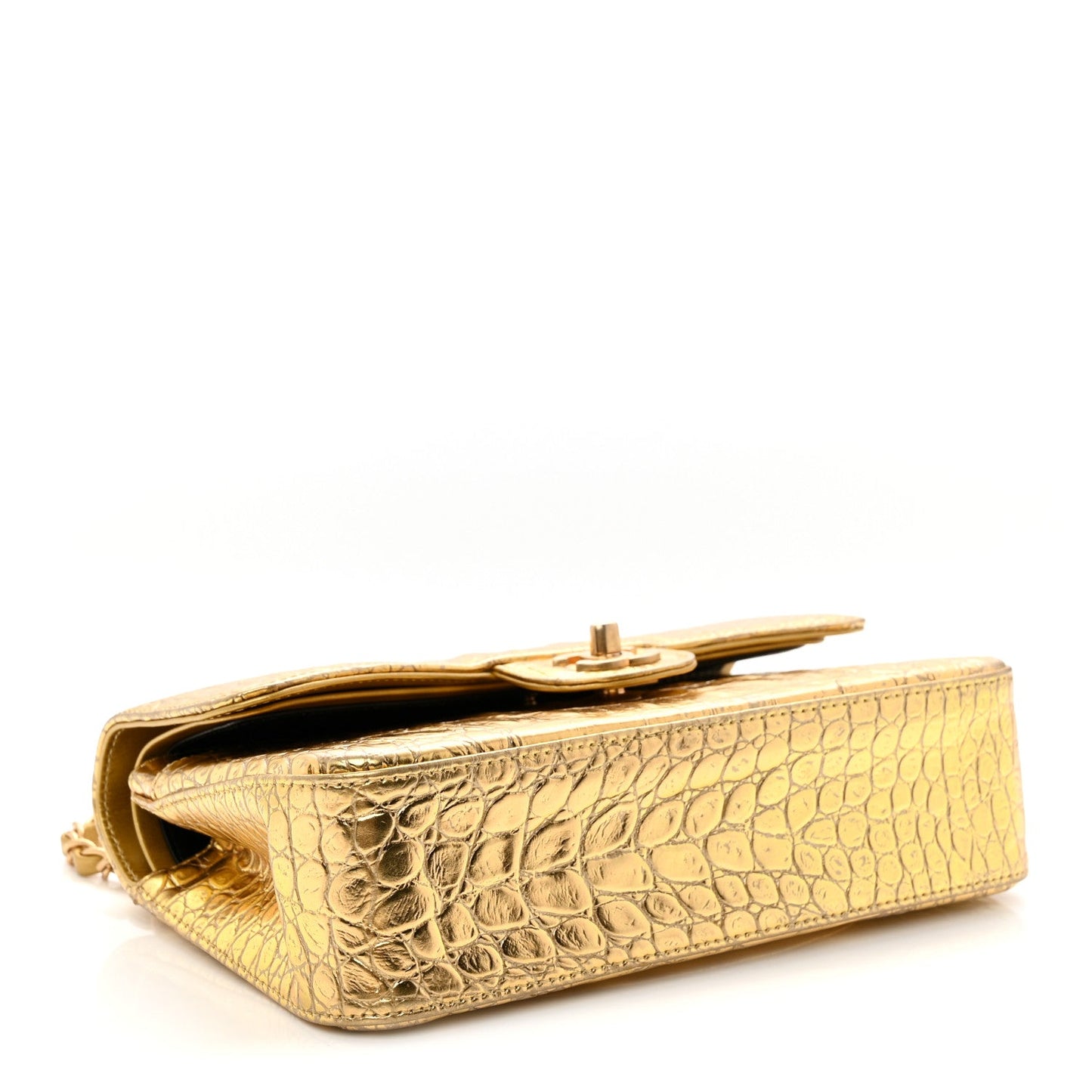 Metallic Calfskin Crocodile Embossed Cocodile Small Double Flap Gold