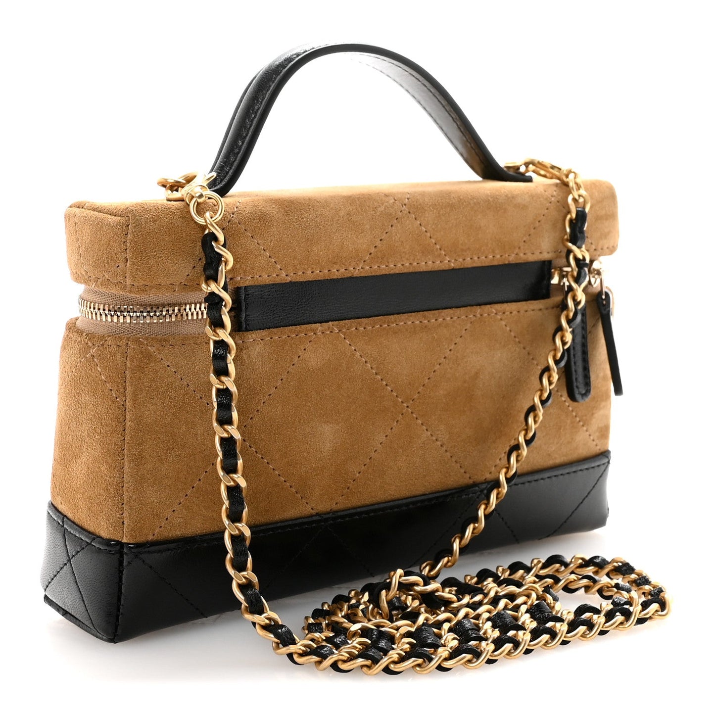 Suede Calfskin Shiny Lambskin Quilted Top Handle Slim Vanity Case With Chain Beige Black