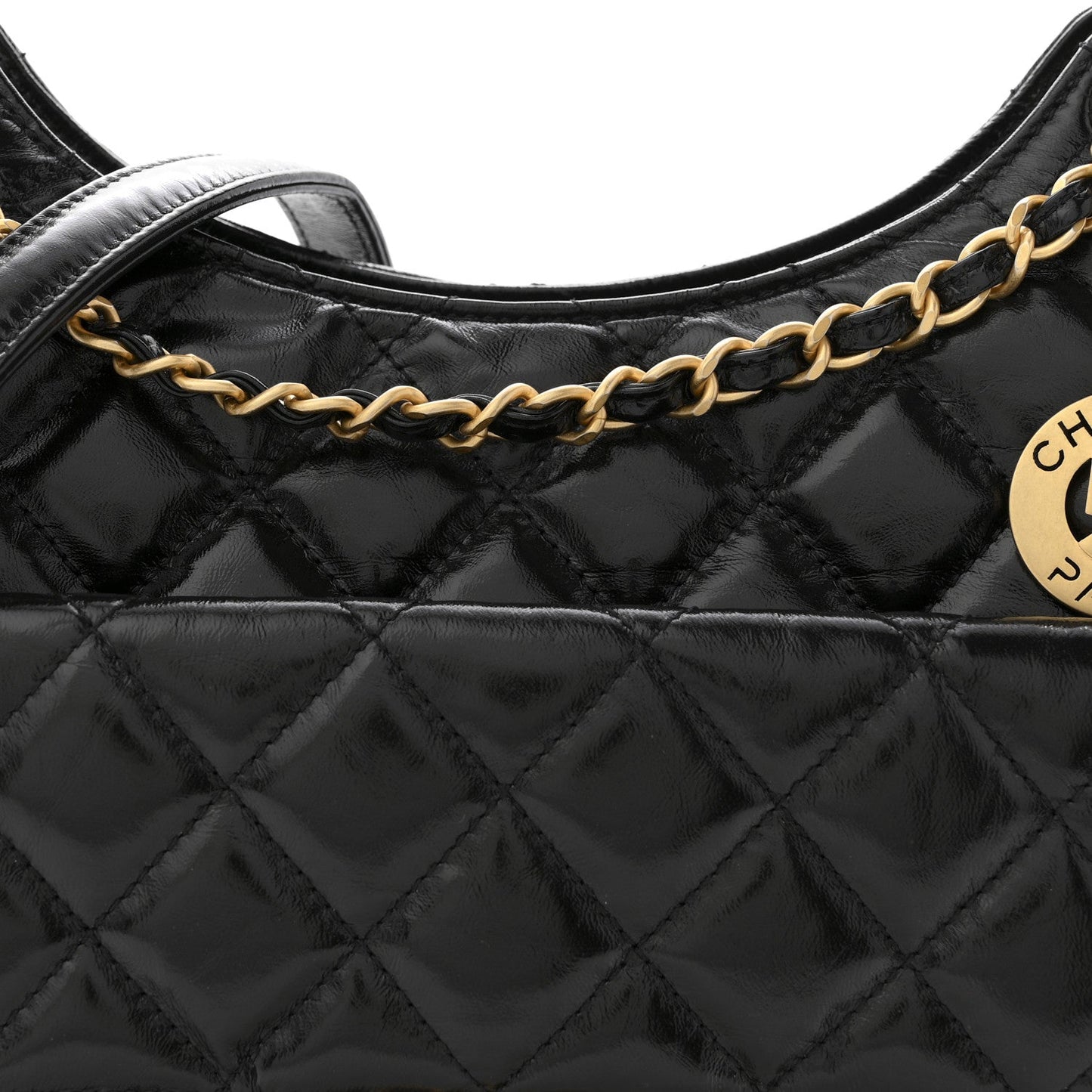 Shiny Crumpled Calfskin Quilted Wavy CC Hobo Black