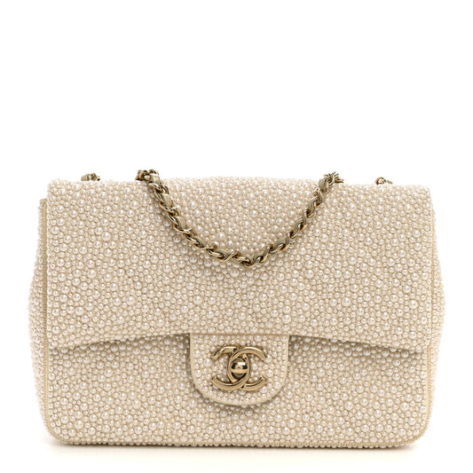 Metallic Lambskin Quilted Pearl Flap Gold White