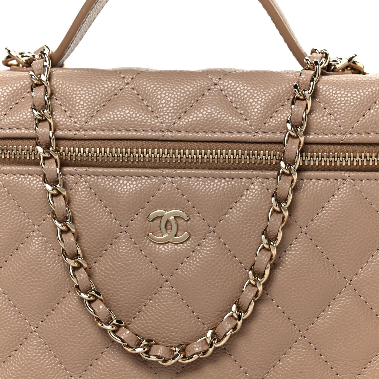 Caviar Quilted Top Handle Slim Vanity With Chain Dark Beige