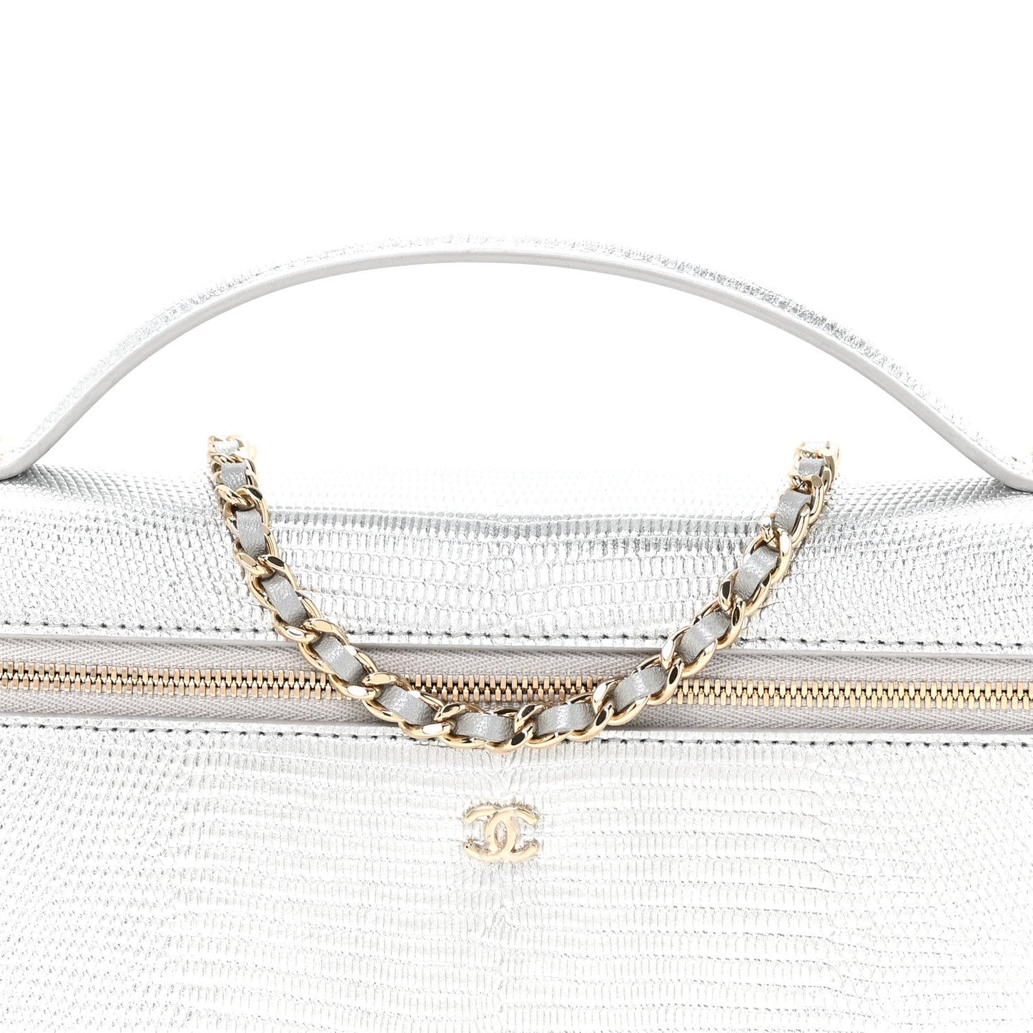 Lizard Embossed Calfskin Top Handle Slim Vanity With Chain Silvery