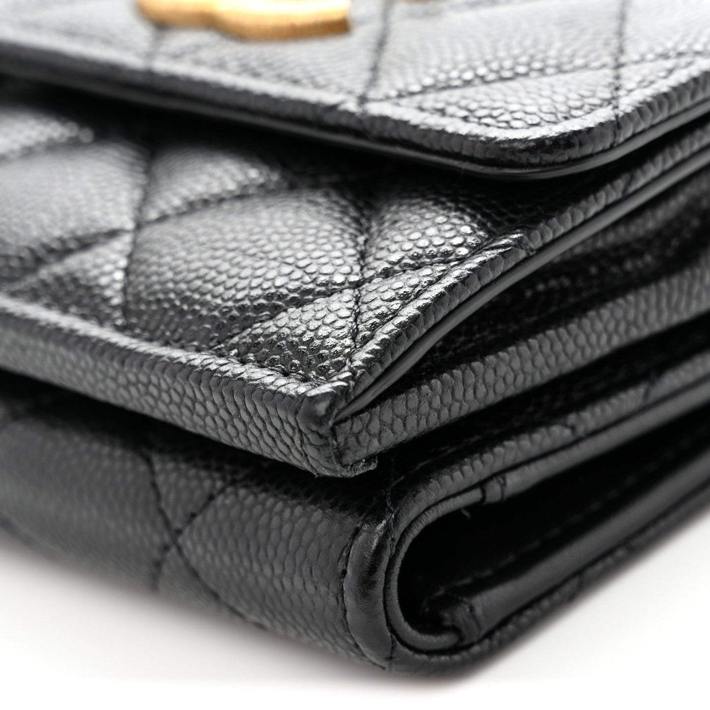 Caviar Quilted Textured CC Tri-Fold Flap Wallet Black