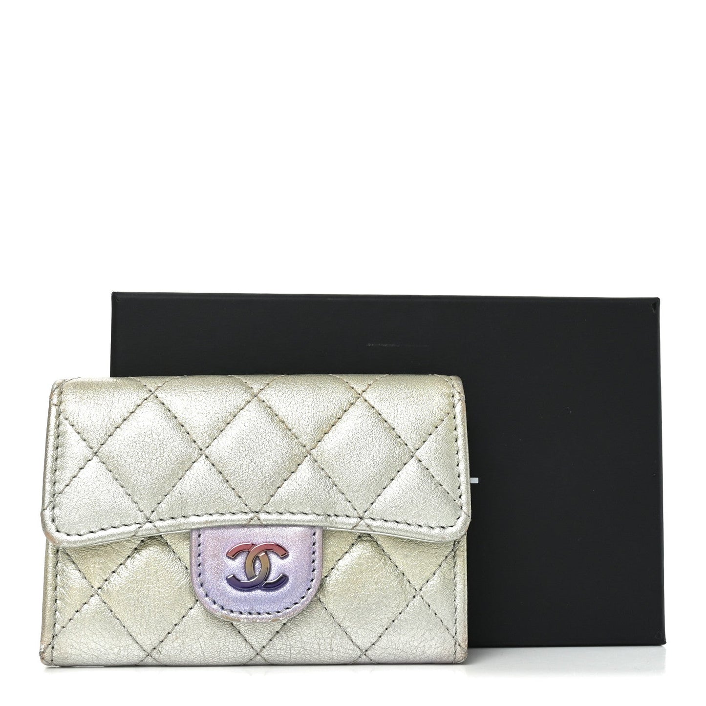 Gradient Metallic Calfskin Quilted Flap Card Holder Wallet Silver Blue Yellow Purple