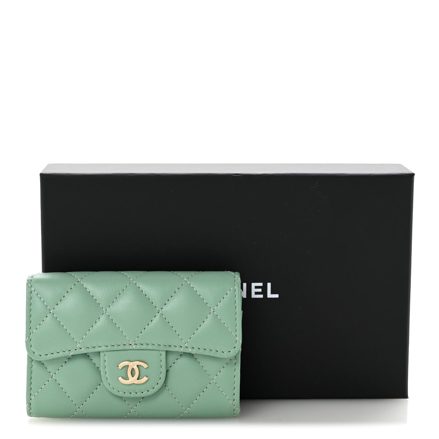Lambskin Quilted Flap Card Holder Wallet Green