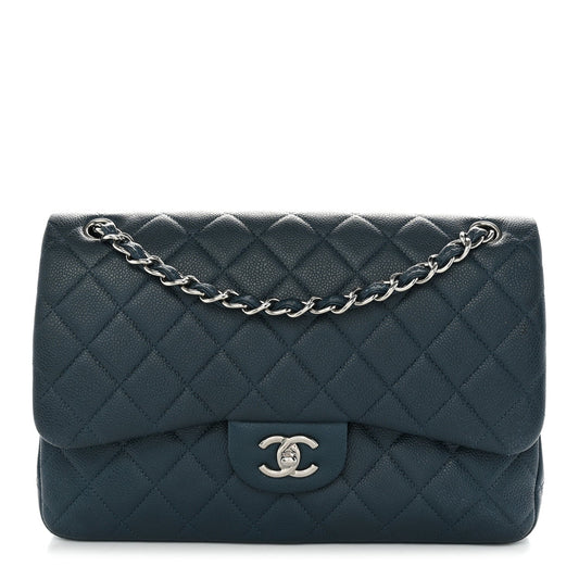 Metallic Caviar Quilted Jumbo Double Flap Dark Blue
