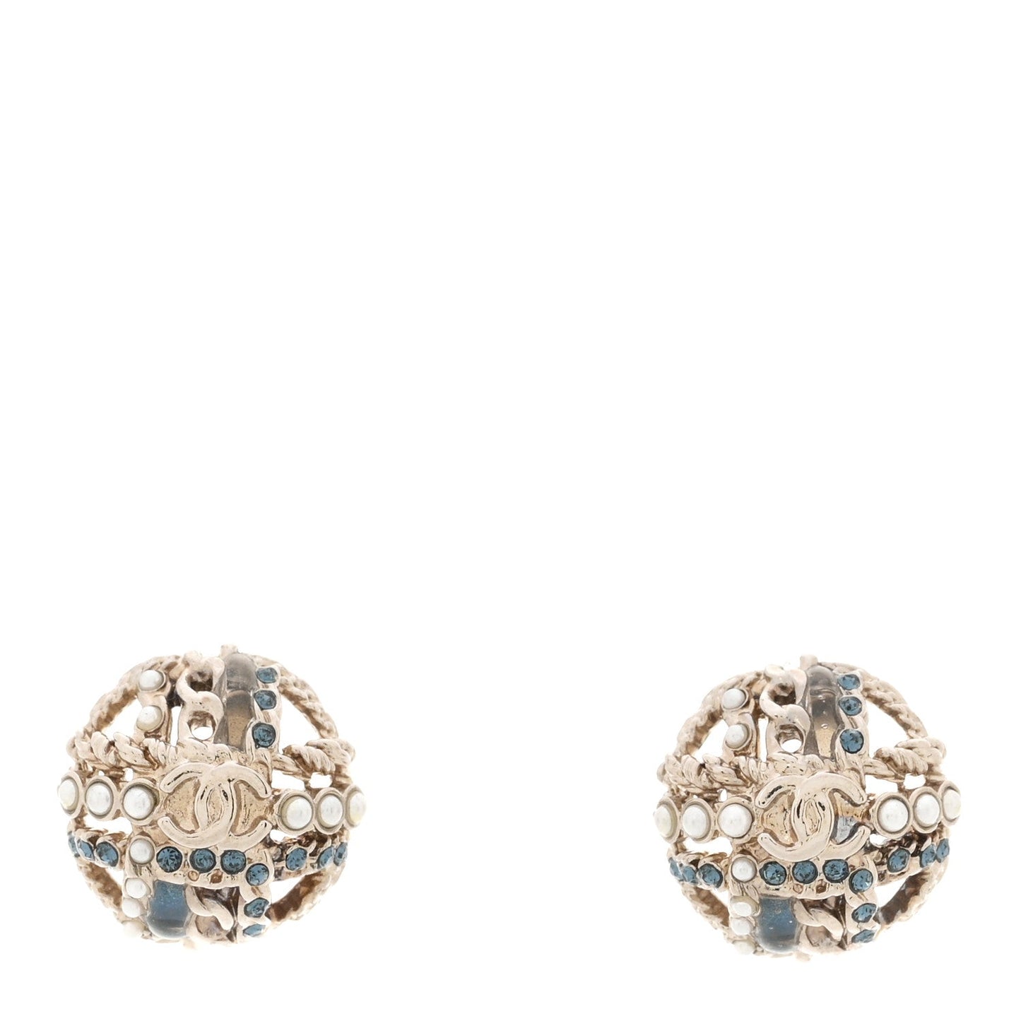 Crystal Pearl CC Round Earrings Silver Blue