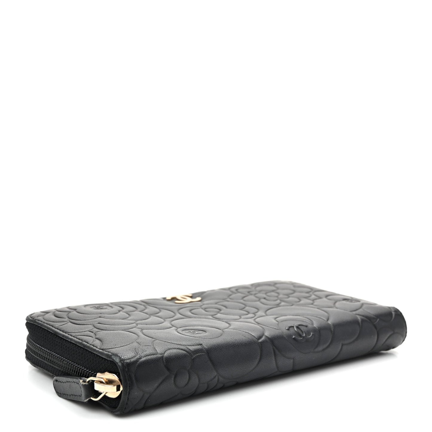 Lambskin Camellia Embossed Large Zip Around Gusset Wallet Black