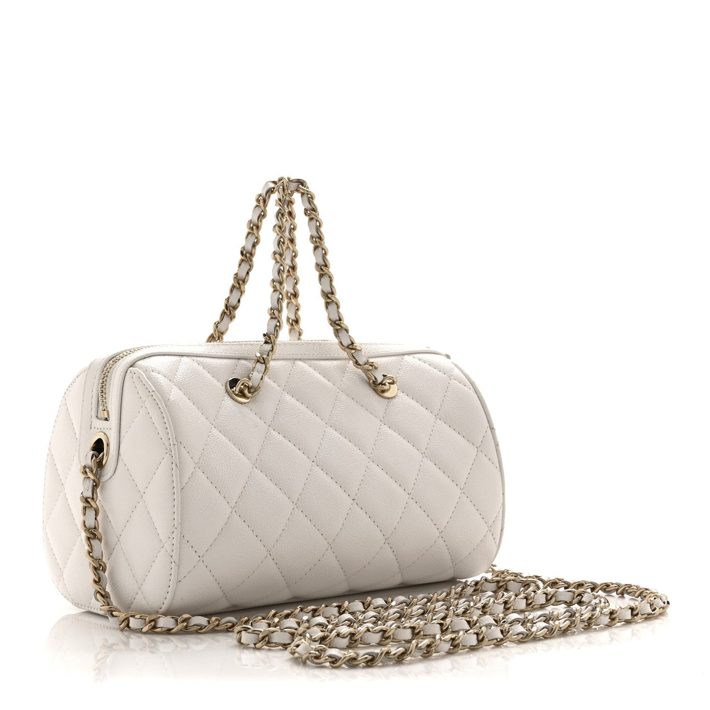Caviar Quilted Barrel Clutch With Chain White